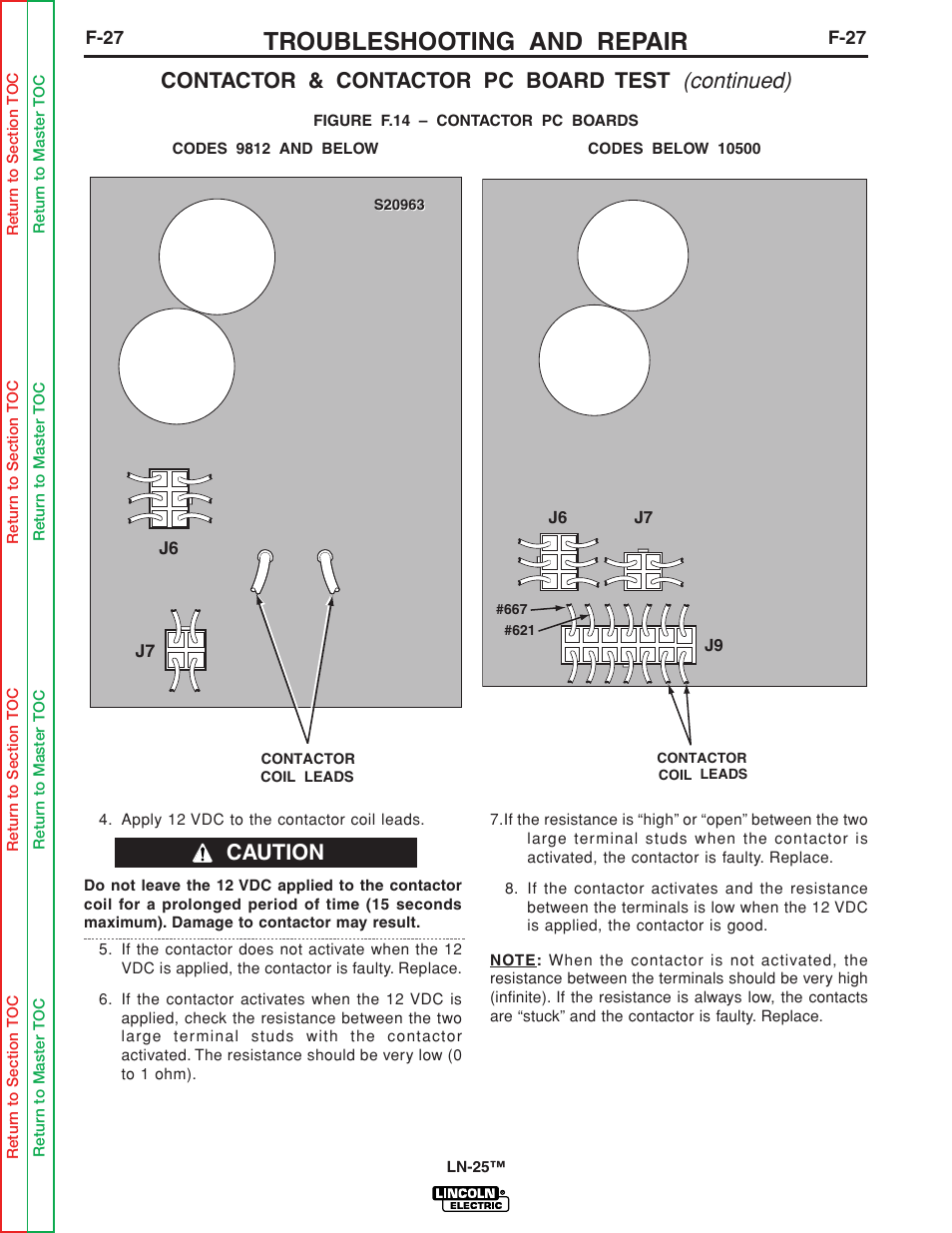 See figure f.14, Troubleshooting and repair, Contactor & contactor pc board test (continued) | Caution | Lincoln Electric LN-25 SVM114-C User Manual | Page 65 / 111