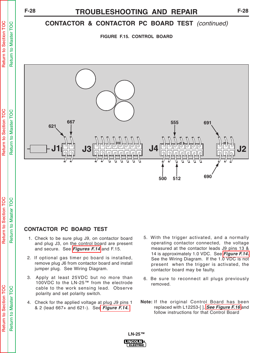 J1 j3 j4 j2, Troubleshooting and repair, Continued) | Contactor & contactor pc board test | Lincoln Electric LN-25 SVM114-C User Manual | Page 66 / 111