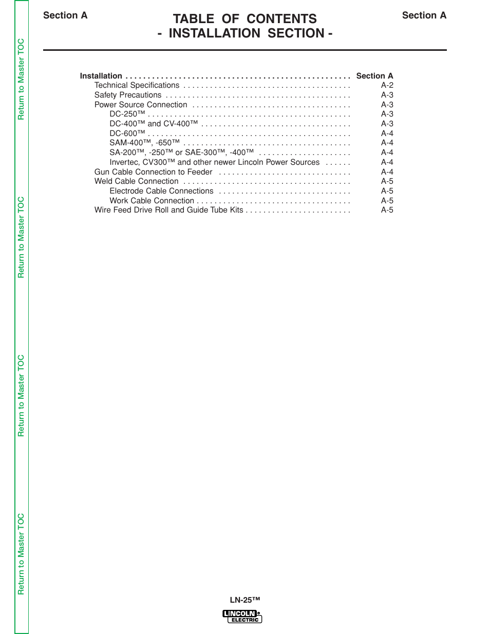 Section a - installation | Lincoln Electric LN-25 SVM114-C User Manual | Page 7 / 111