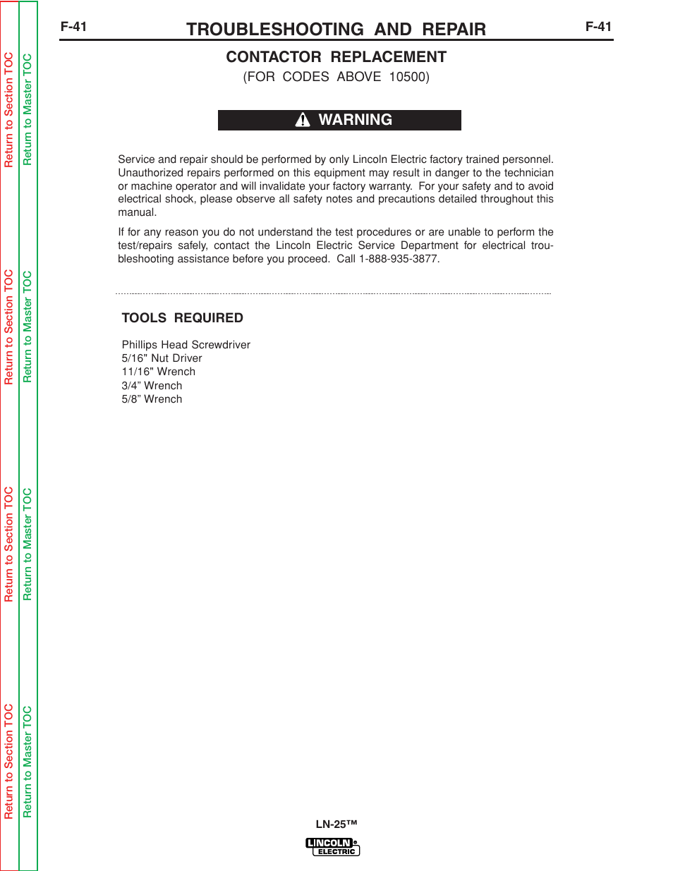 Contactor replacement (codes above 10500), F-41, Troubleshooting and repair | Warning contactor replacement | Lincoln Electric LN-25 SVM114-C User Manual | Page 79 / 111