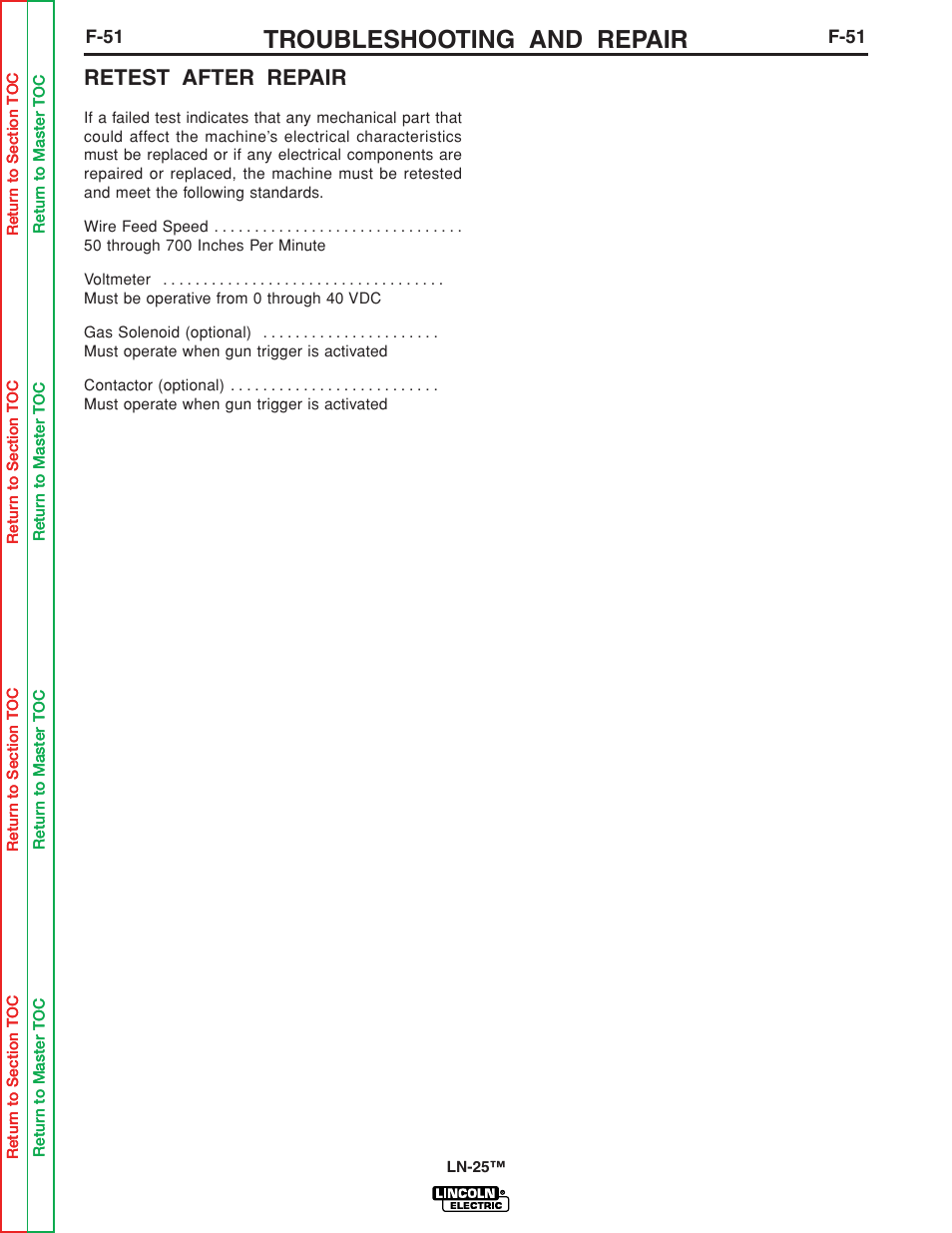 Retest after repair, F-51, Troubleshooting and repair | Lincoln Electric LN-25 SVM114-C User Manual | Page 89 / 111