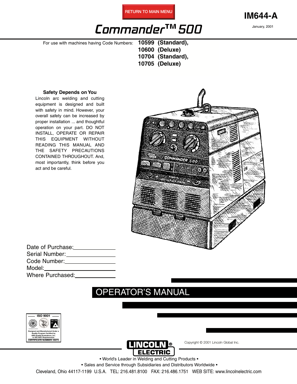 Lincoln Electric COMMANDER 500 IM644-A User Manual | 54 pages