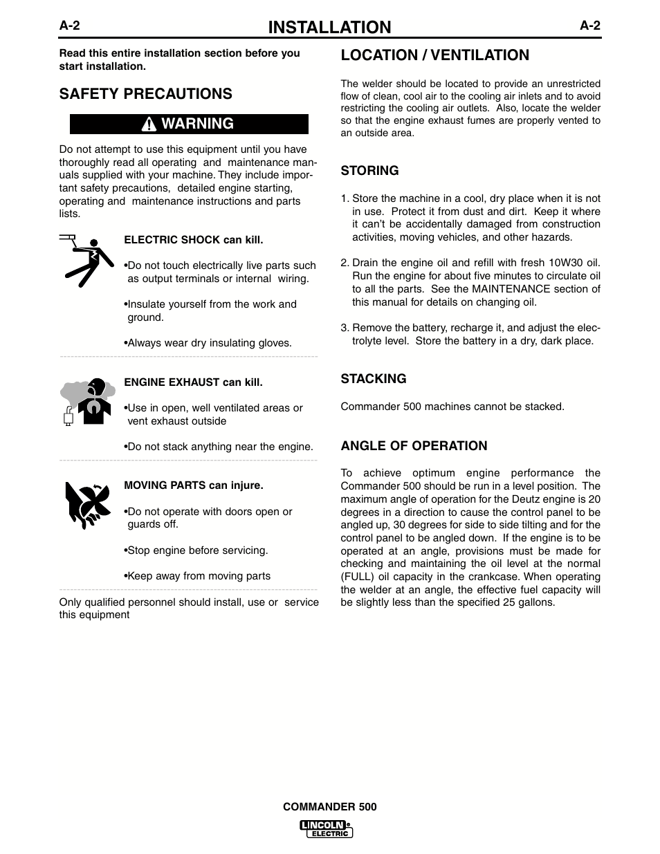 Installation, Safety precautions, Location / ventilation | Warning | Lincoln Electric COMMANDER 500 IM644-A User Manual | Page 10 / 54