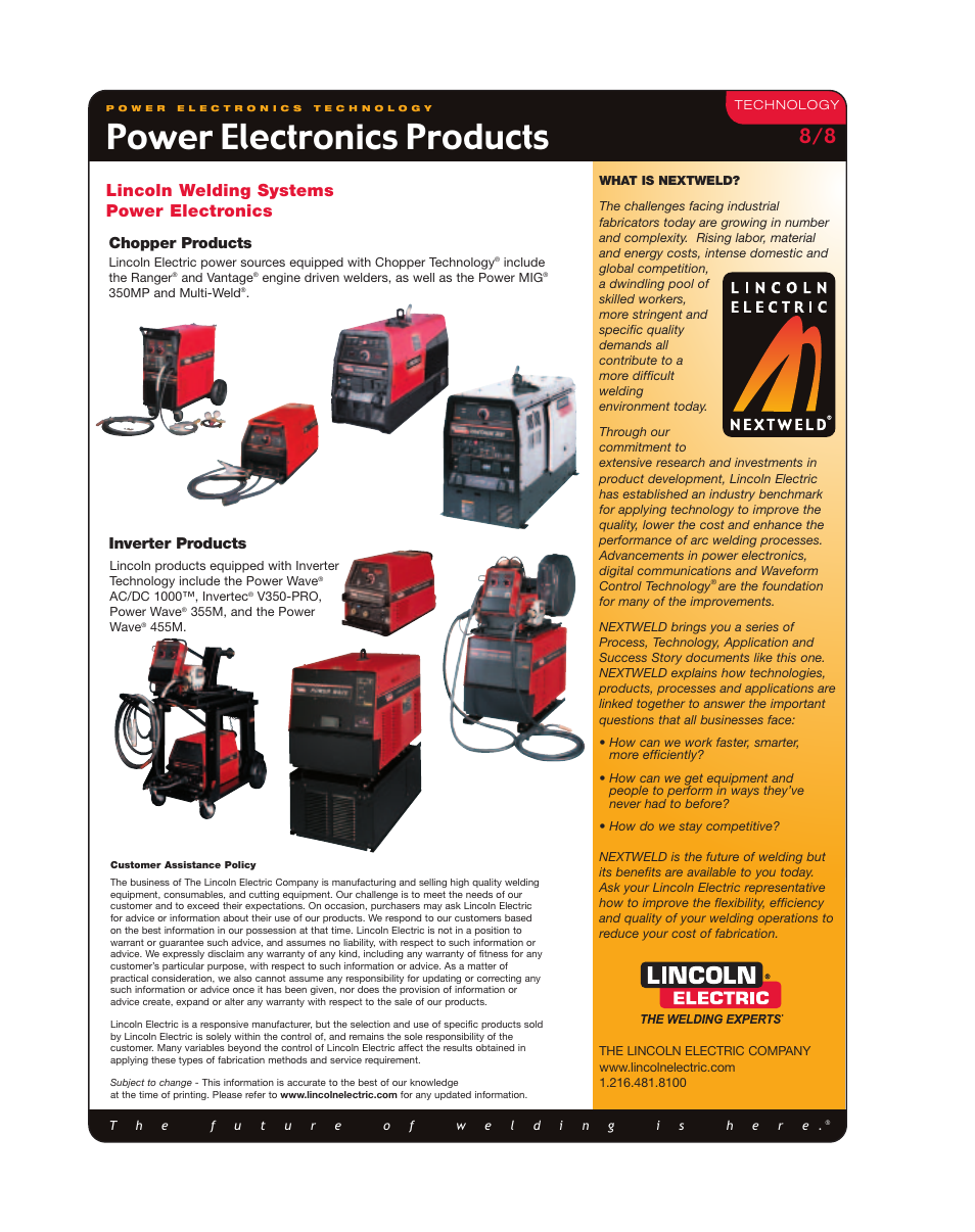 Power electronics products, Lincoln welding systems power electronics, Chopper products | Inverter products | Lincoln Electric Welding Inverter and Chopper User Manual | Page 8 / 8