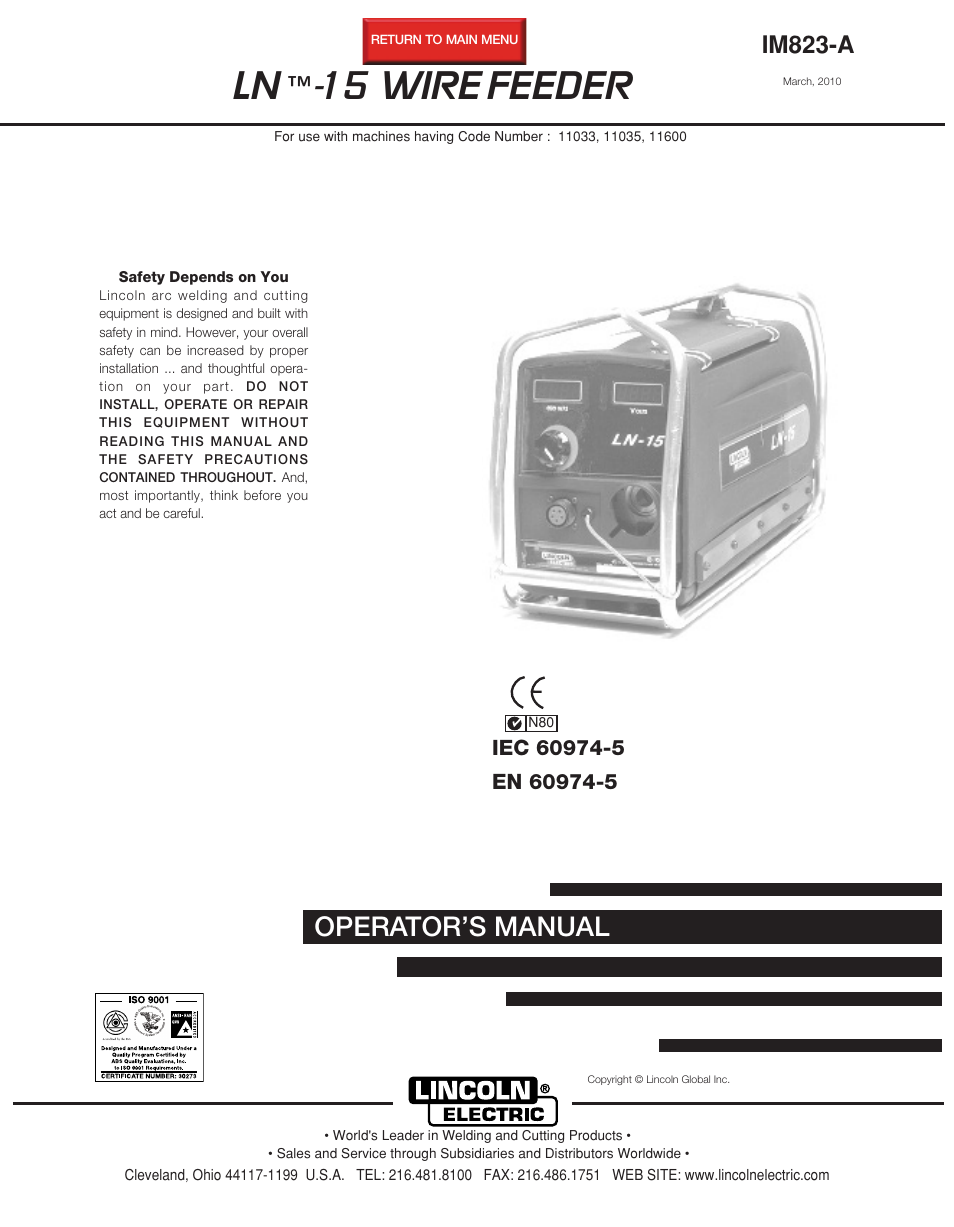 Lincoln Electric LN -15 WIRE FEEDER IM823-A User Manual | 40 pages