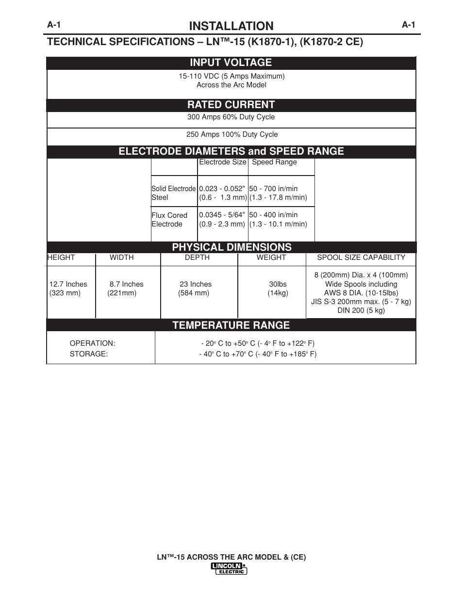Installation, Temperature range | Lincoln Electric LN -15 WIRE FEEDER IM823-A User Manual | Page 10 / 40
