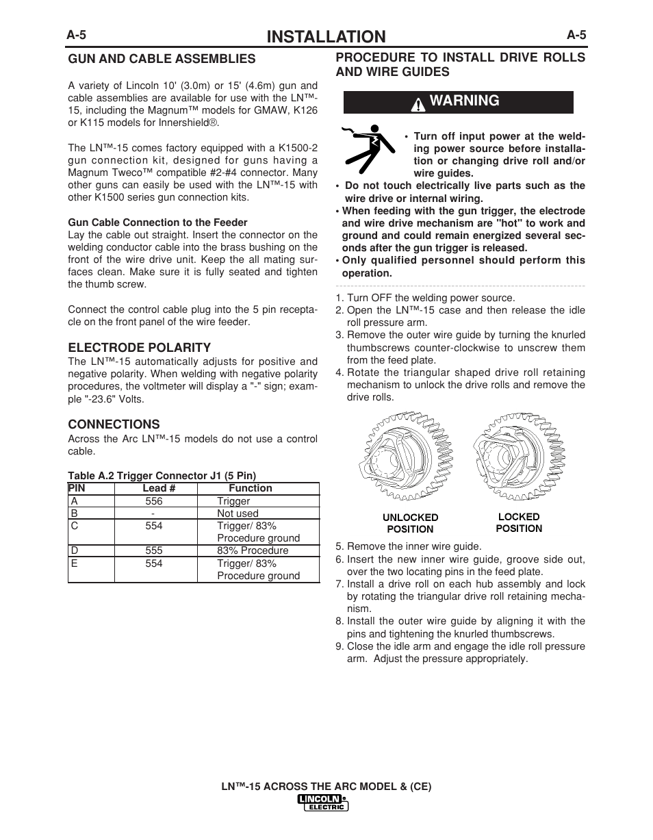Installation, Warning | Lincoln Electric LN -15 WIRE FEEDER IM823-A User Manual | Page 14 / 40