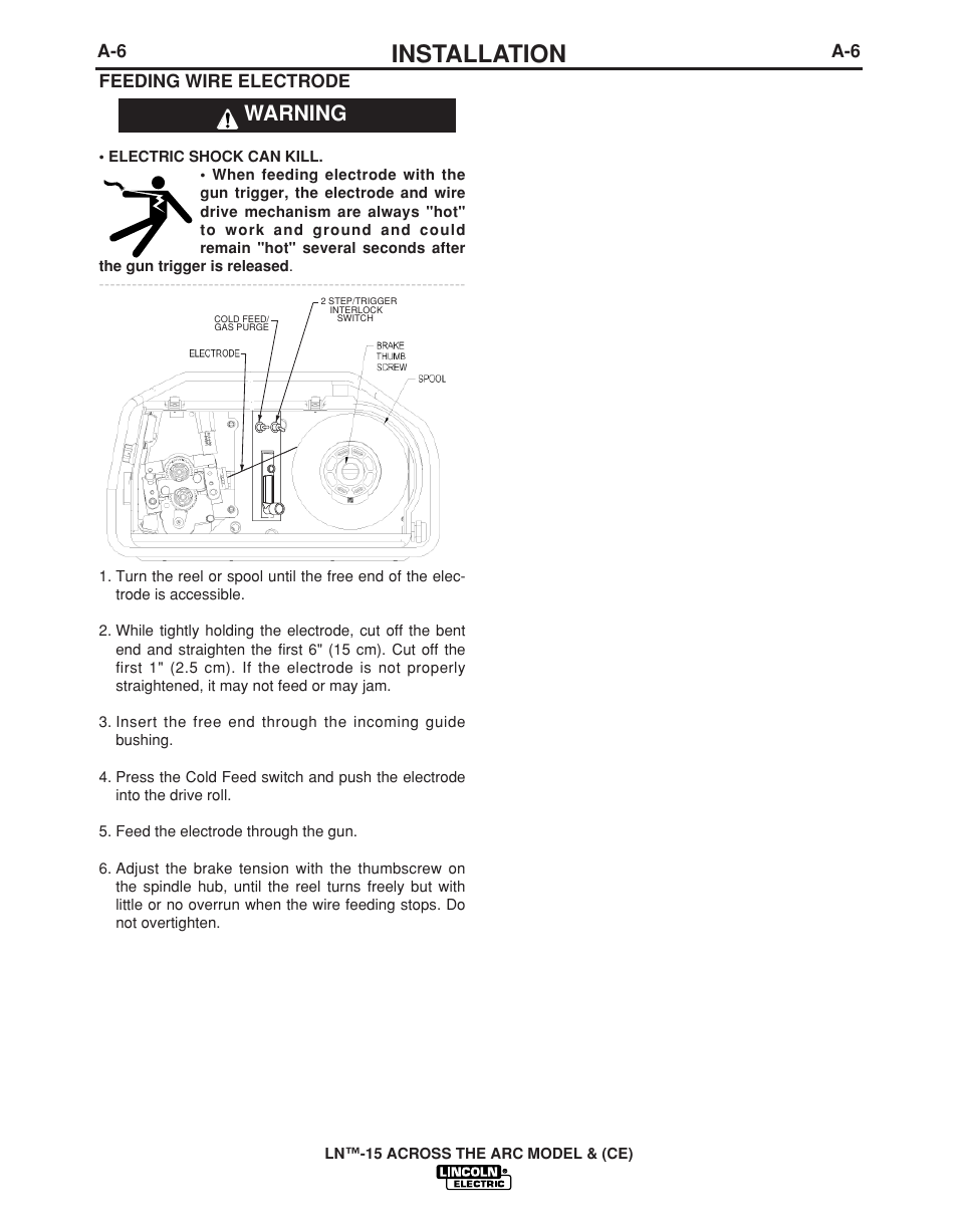 Installation, Warning | Lincoln Electric LN -15 WIRE FEEDER IM823-A User Manual | Page 15 / 40
