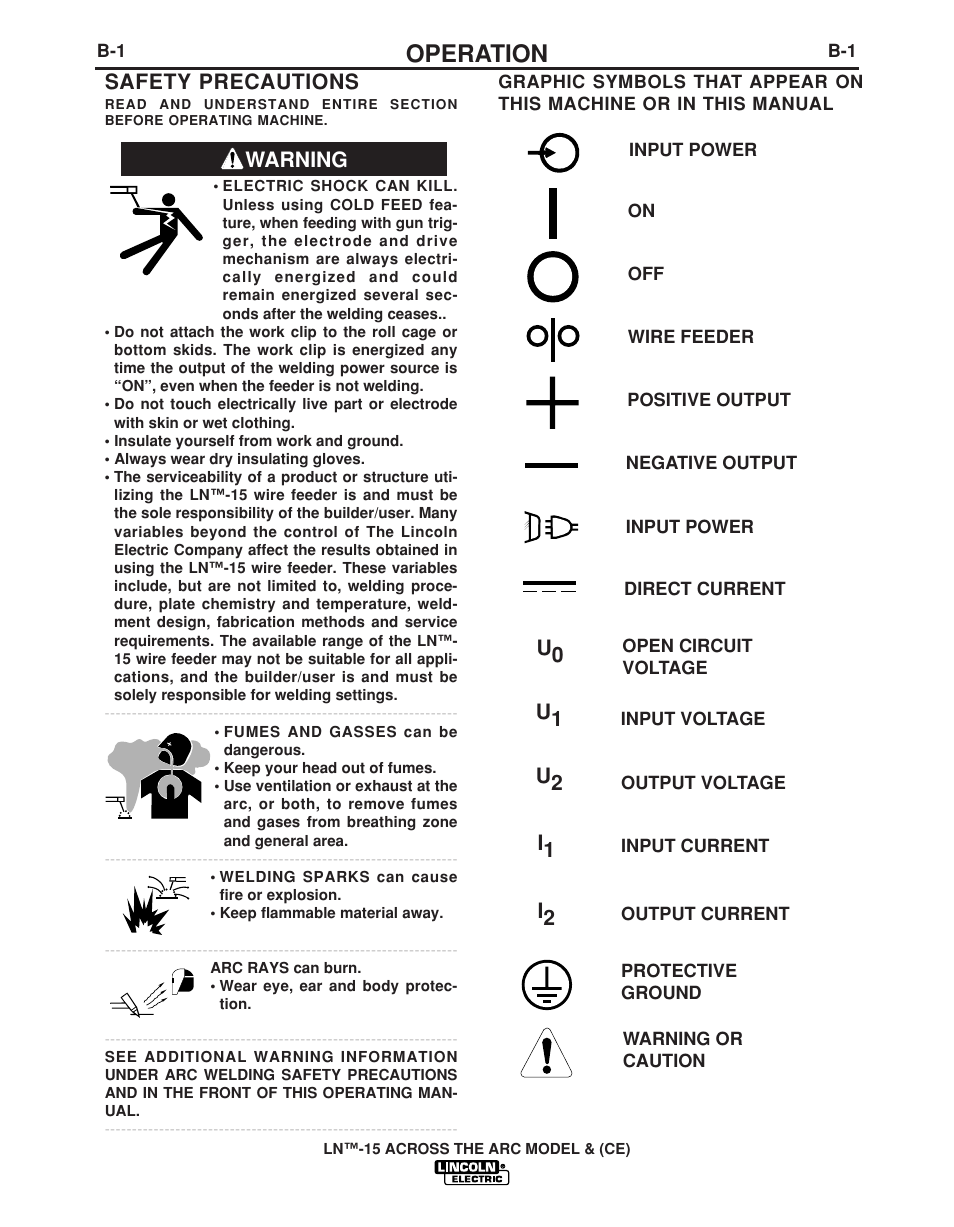 Operation, Warning safety precautions | Lincoln Electric LN -15 WIRE FEEDER IM823-A User Manual | Page 16 / 40