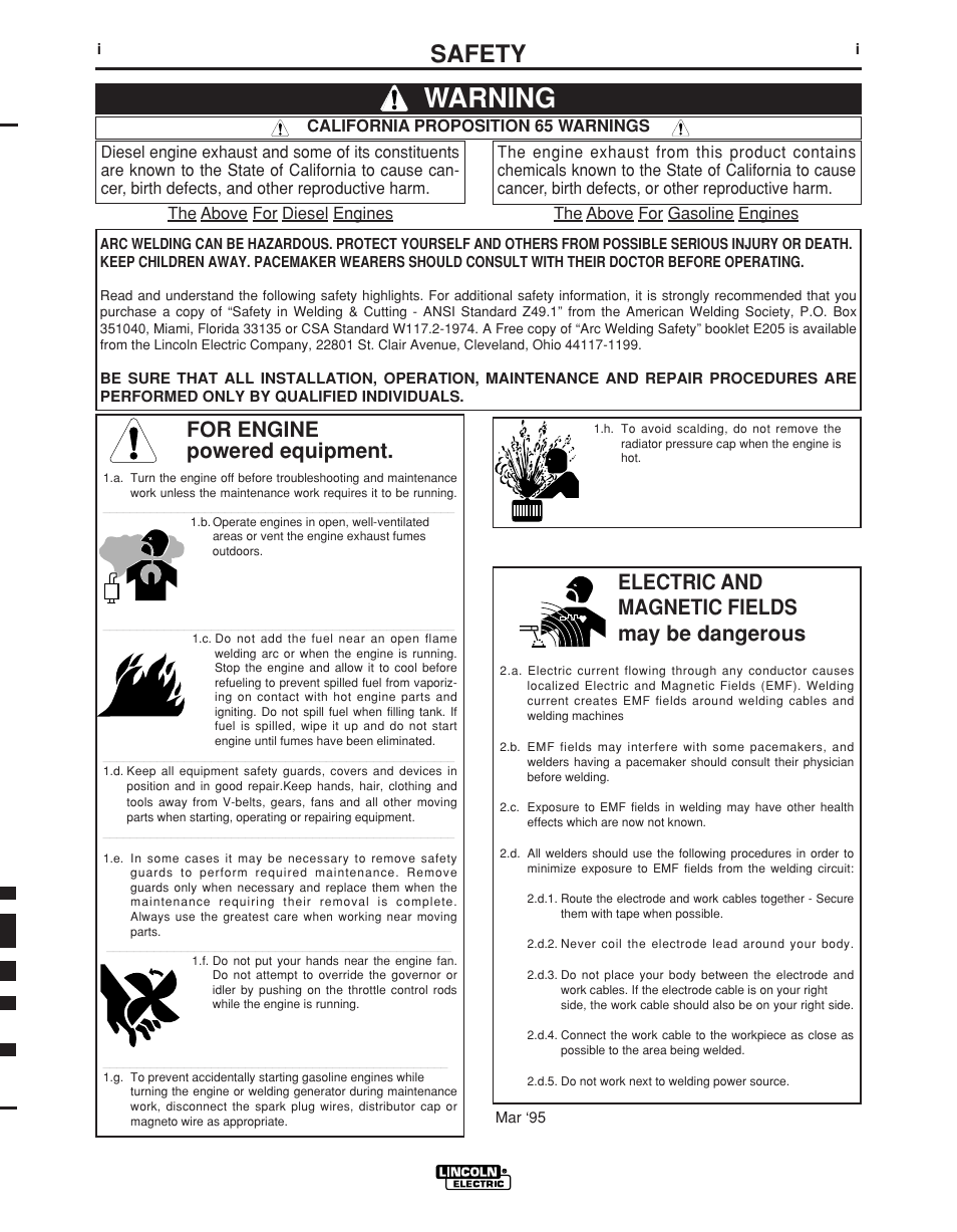 Warning, Safety, For engine powered equipment | Electric and magnetic fields may be dangerous | Lincoln Electric LN -15 WIRE FEEDER IM823-A User Manual | Page 2 / 40