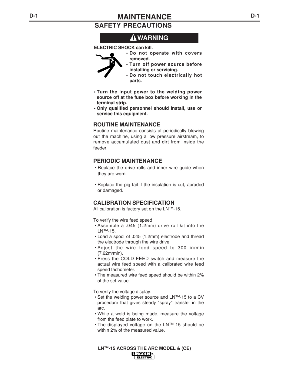 Maintenance, Warning safety precautions | Lincoln Electric LN -15 WIRE FEEDER IM823-A User Manual | Page 27 / 40