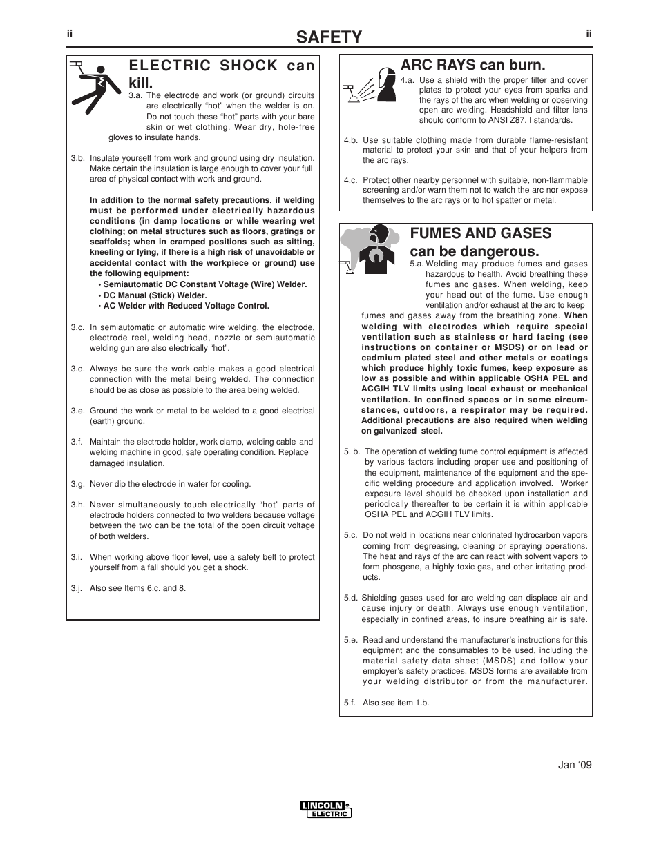 Safety, Arc rays can burn, Fumes and gases can be dangerous | Lincoln Electric LN -15 WIRE FEEDER IM823-A User Manual | Page 3 / 40