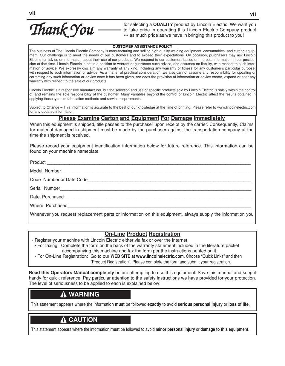 Tthhaannkk y yoouu, Warning, Caution | Lincoln Electric LN -15 WIRE FEEDER IM823-A User Manual | Page 8 / 40
