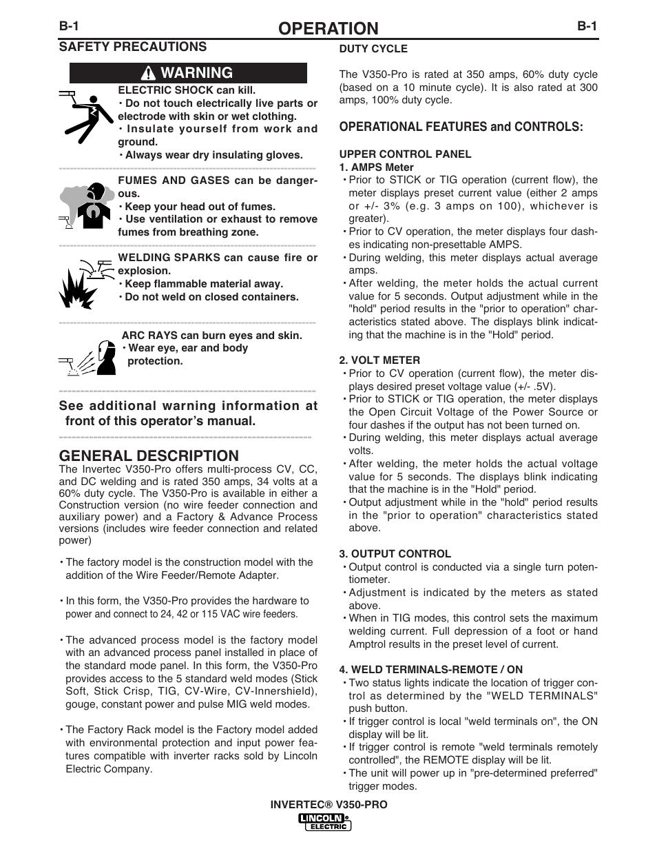 Operation, Warning general description | Lincoln Electric INVERTEC V350-PRO User Manual | Page 13 / 40