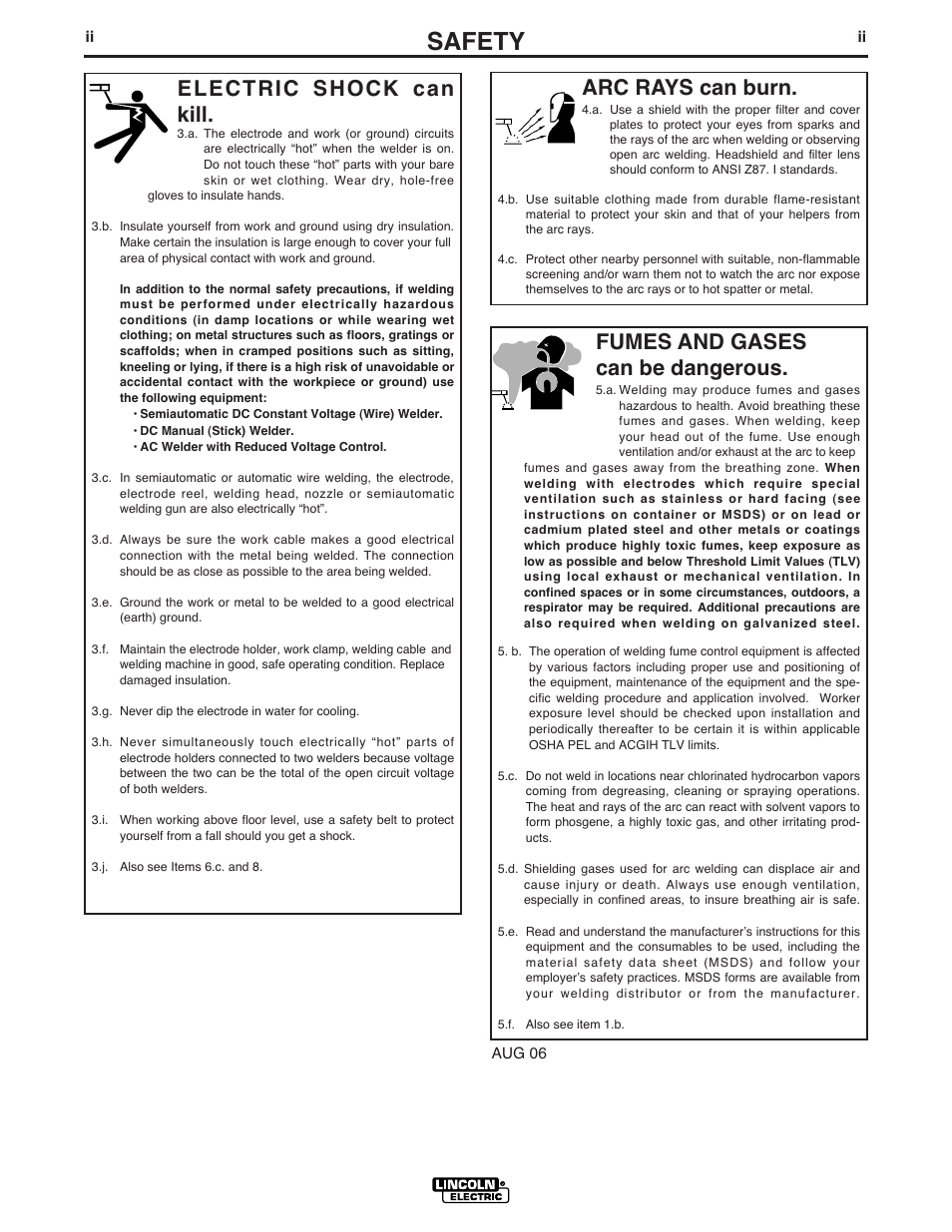 Safety, Arc rays can burn, Electric shock can kill | Fumes and gases can be dangerous | Lincoln Electric INVERTEC V350-PRO User Manual | Page 3 / 40