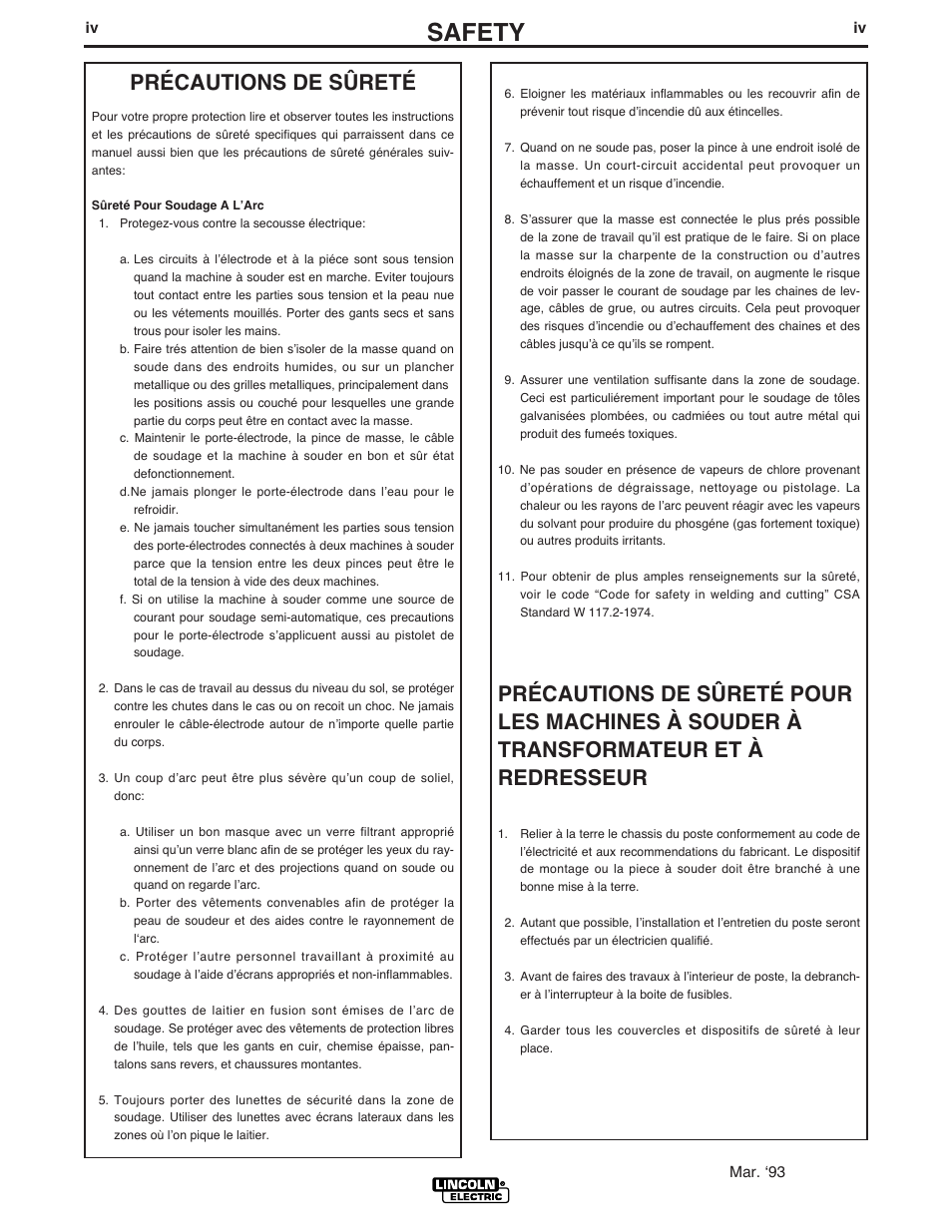 Safety, Précautions de sûreté | Lincoln Electric INVERTEC V350-PRO User Manual | Page 5 / 40