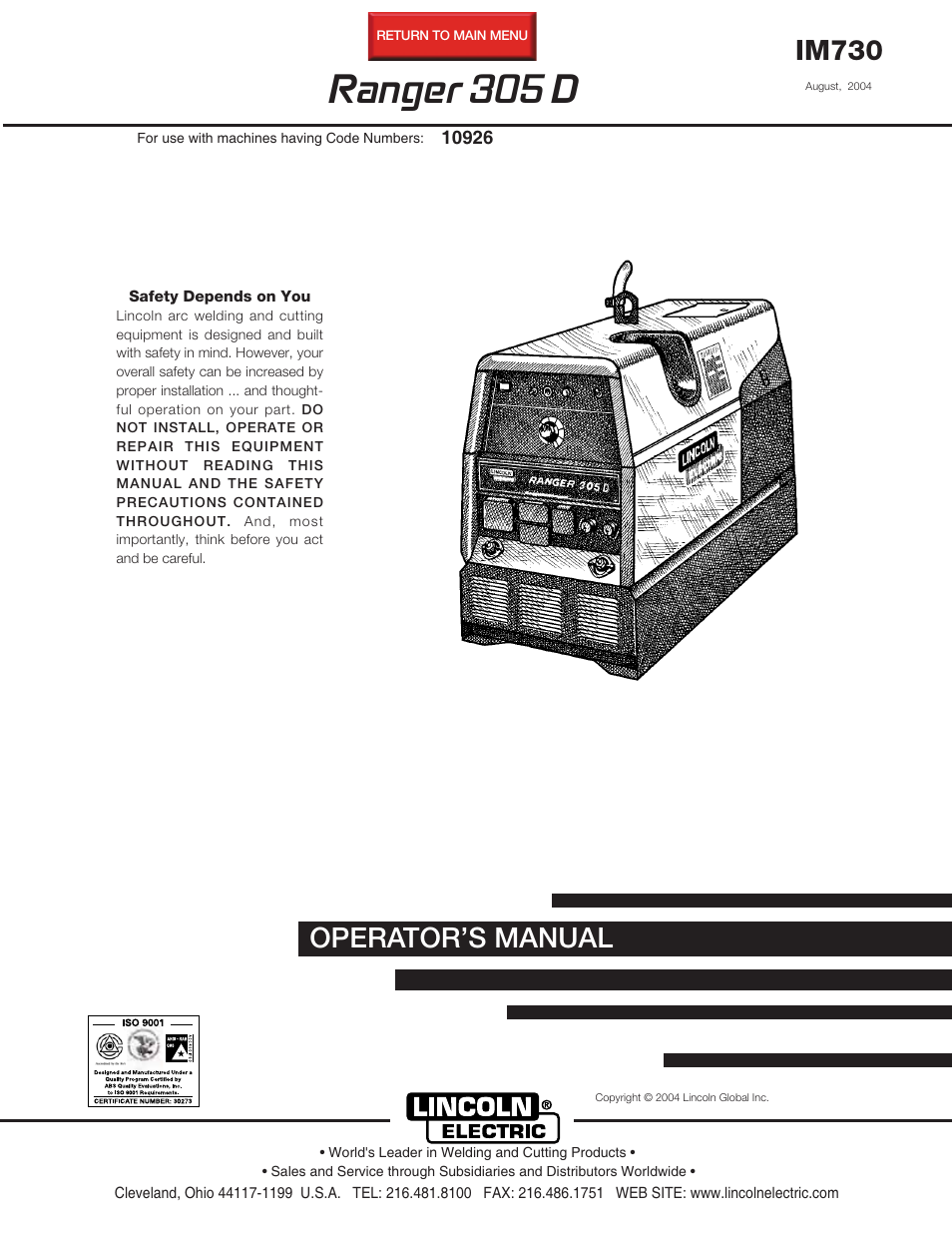 Lincoln Electric RANGER 305D IM730 User Manual | 54 pages