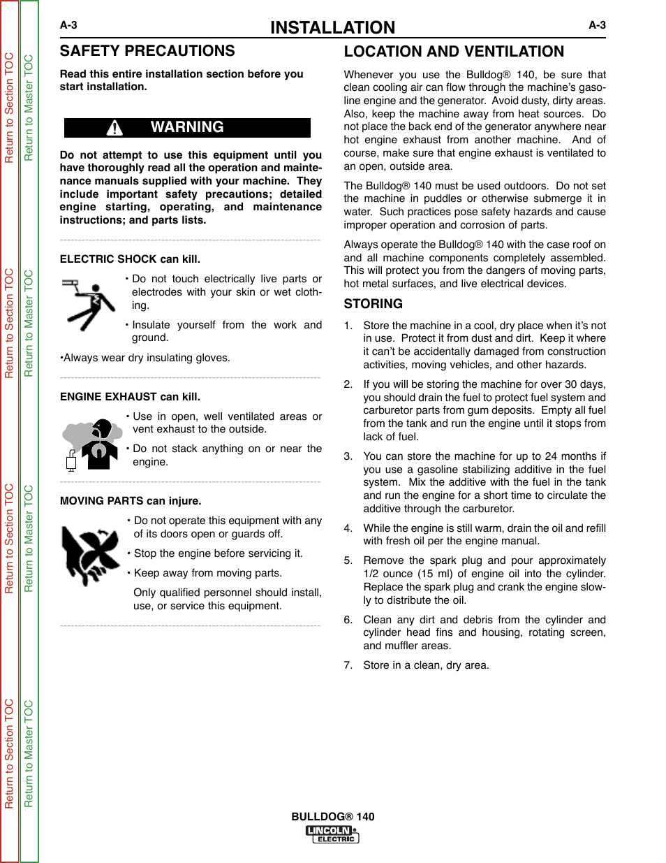 Installation, Safety precautions, Location and ventilation | Warning | Lincoln Electric BULLDOG SVM208-A User Manual | Page 11 / 101