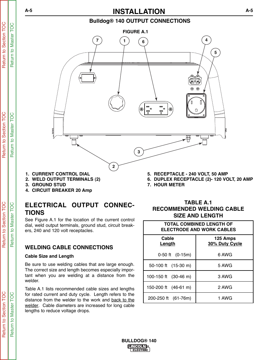 Installation, Electrical output connec- tions | Lincoln Electric BULLDOG SVM208-A User Manual | Page 13 / 101