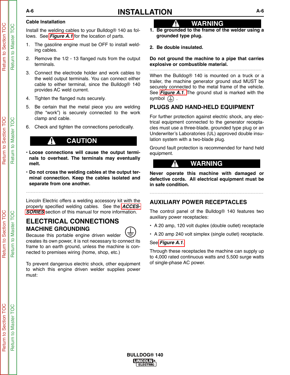 Installation, Electrical connections, Caution warning warning | Lincoln Electric BULLDOG SVM208-A User Manual | Page 14 / 101