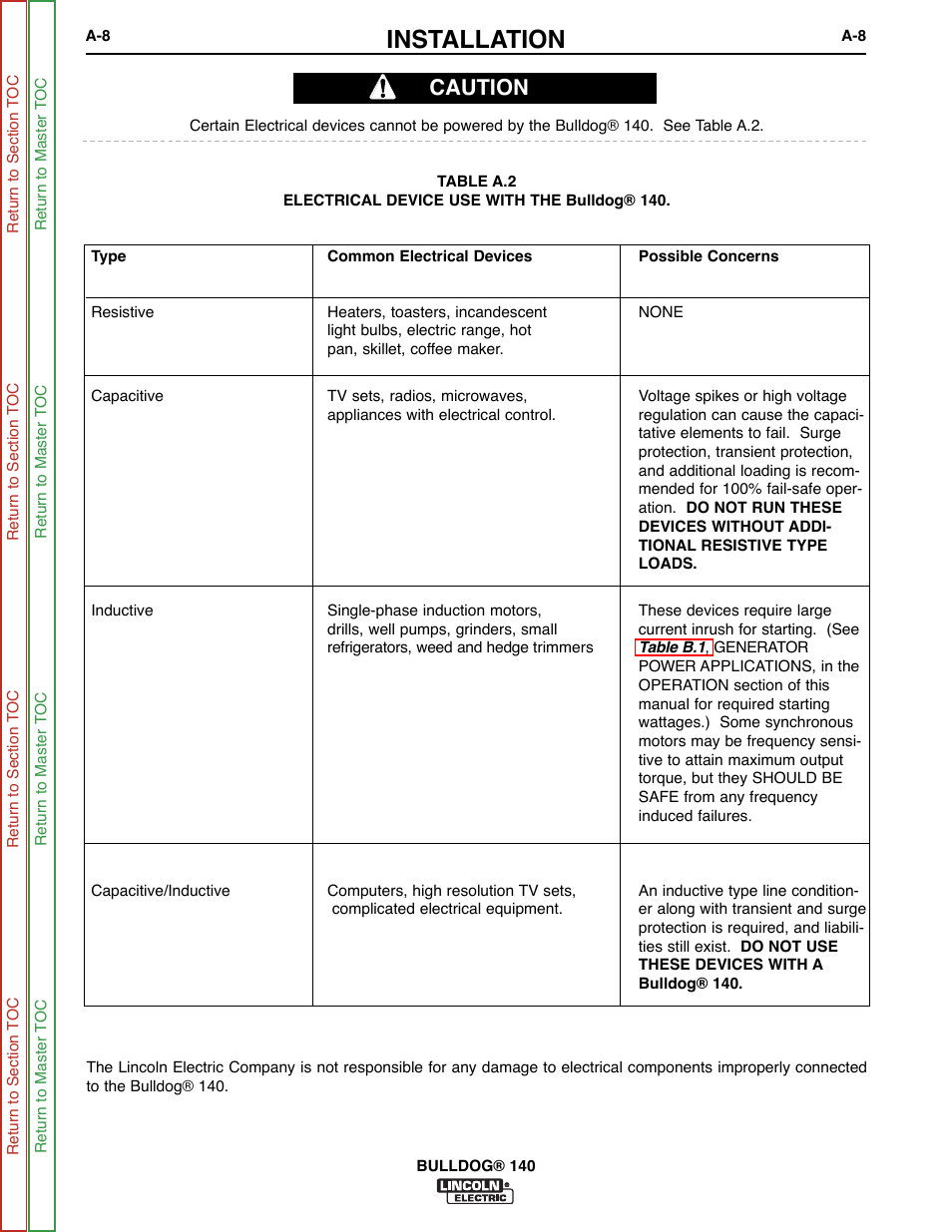 Table a.2, Installation, Caution | Lincoln Electric BULLDOG SVM208-A User Manual | Page 16 / 101