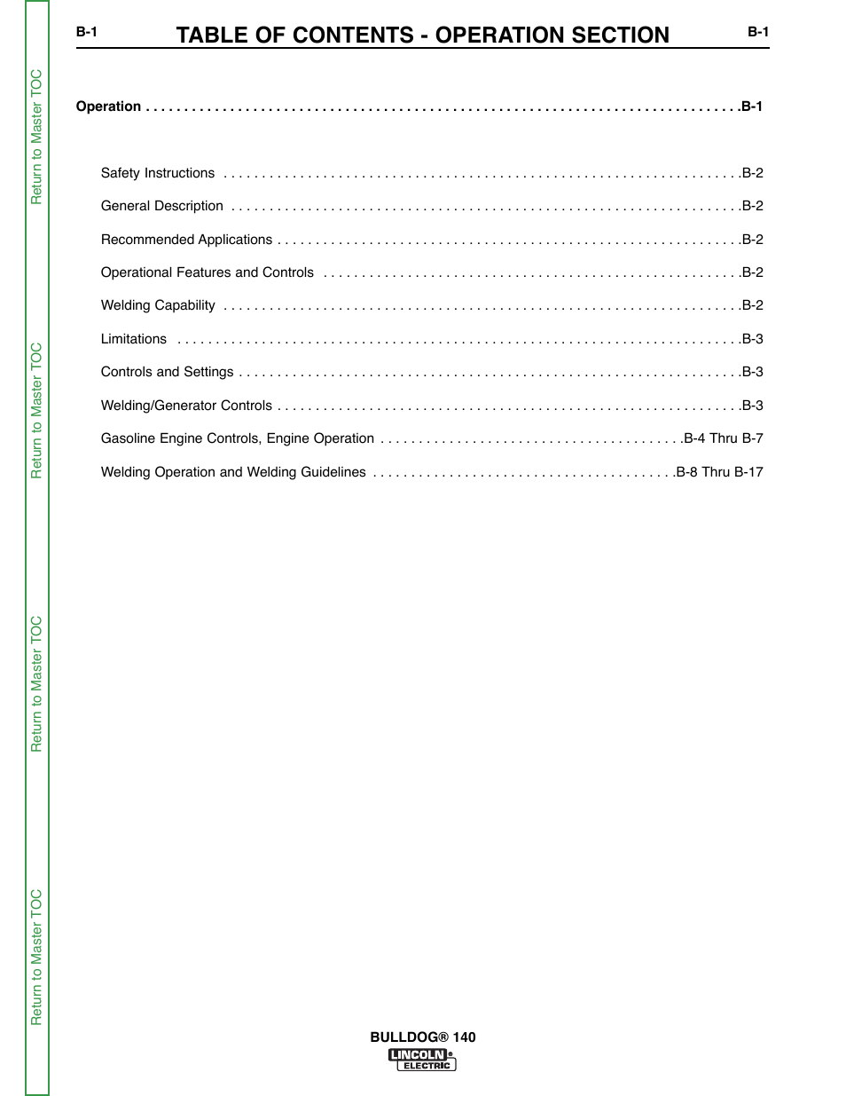 Section b - operation | Lincoln Electric BULLDOG SVM208-A User Manual | Page 17 / 101