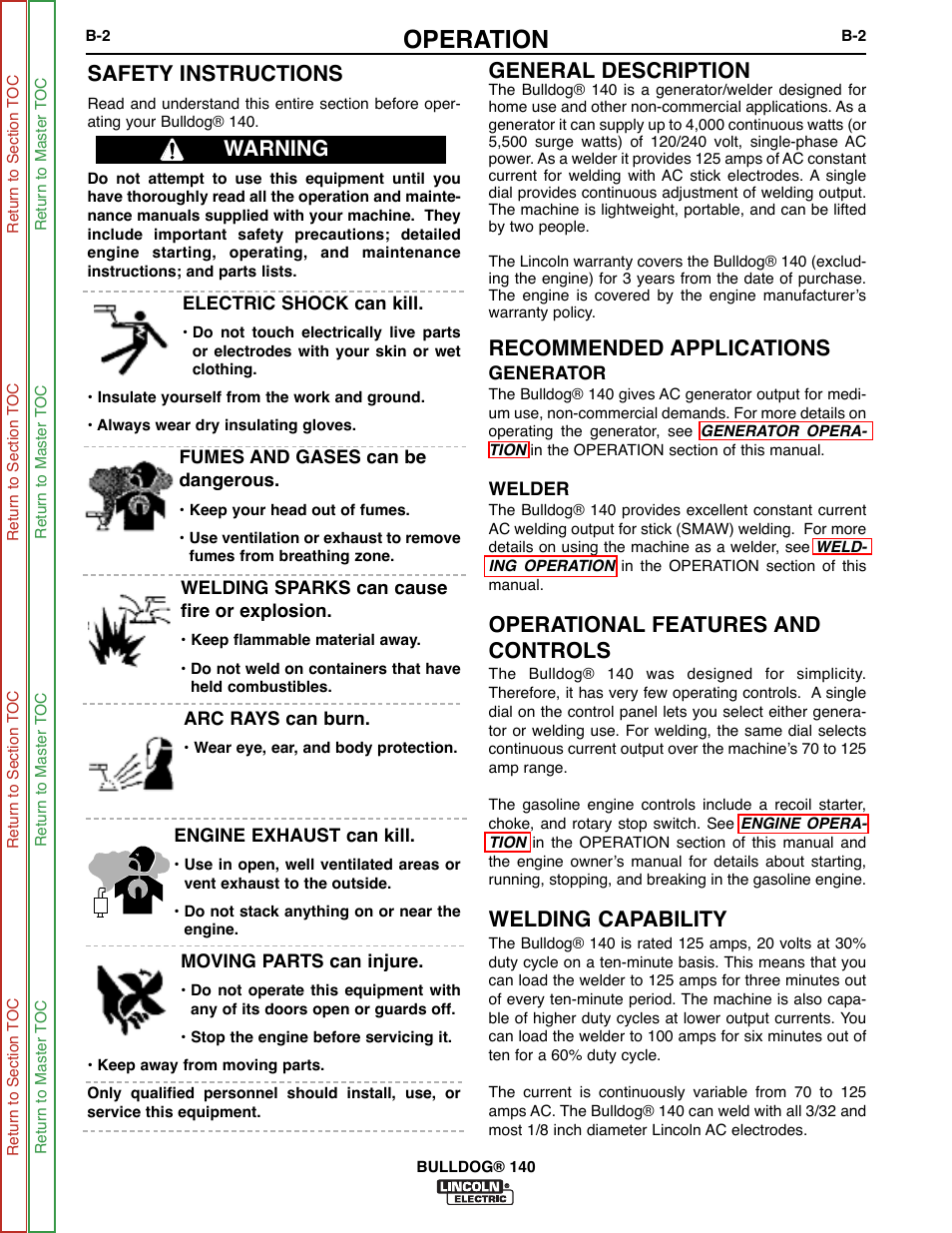 Operation, Safety instructions, Warning general description | Recommended applications, Operational features and controls, Welding capability | Lincoln Electric BULLDOG SVM208-A User Manual | Page 18 / 101