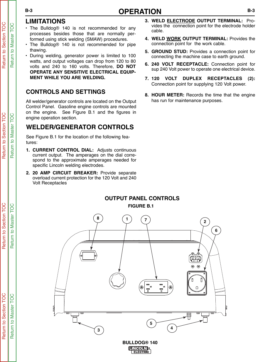 Operation, Limitations, Welder/generator controls | Controls and settings | Lincoln Electric BULLDOG SVM208-A User Manual | Page 19 / 101