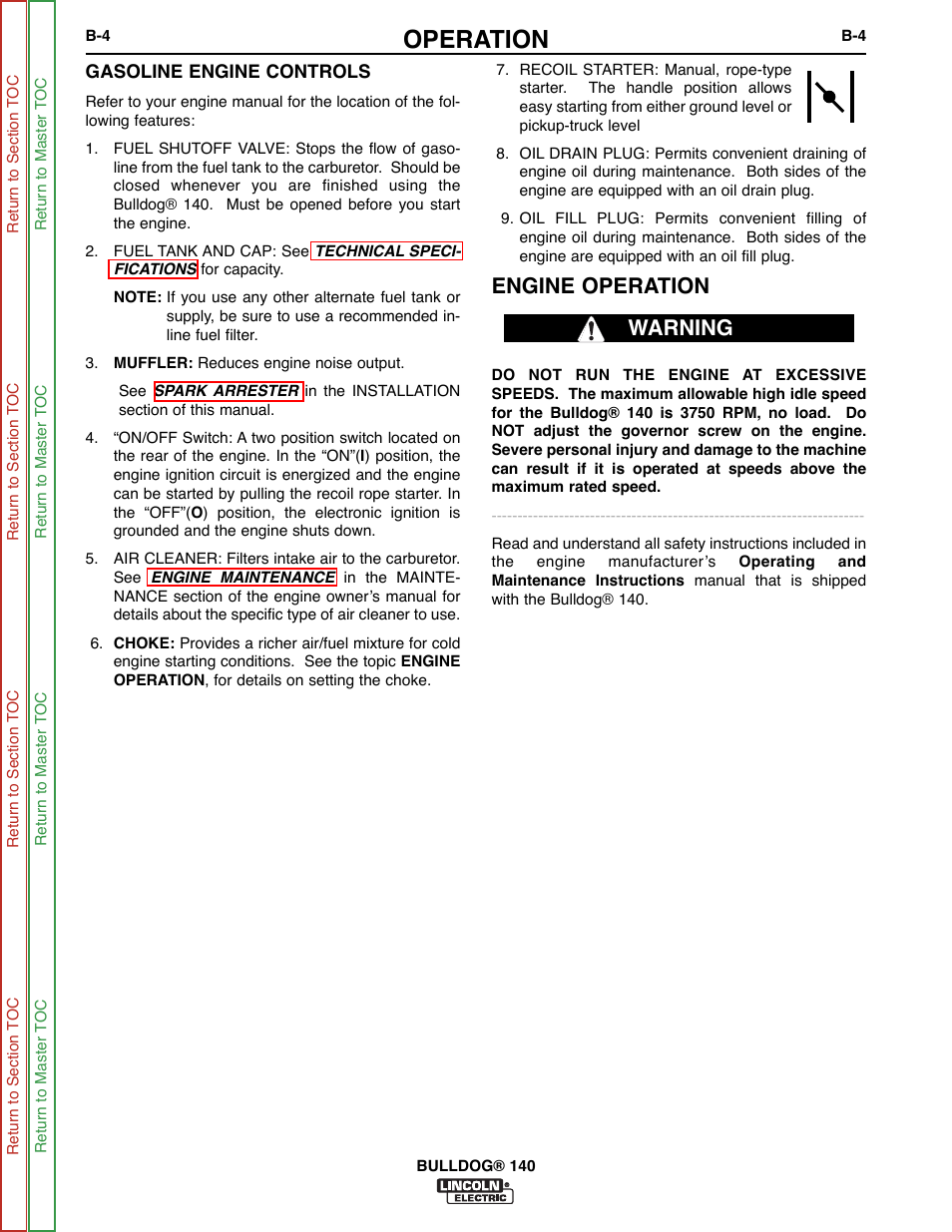 See engine opera- tion, Operation, Engine operation | Warning | Lincoln Electric BULLDOG SVM208-A User Manual | Page 20 / 101