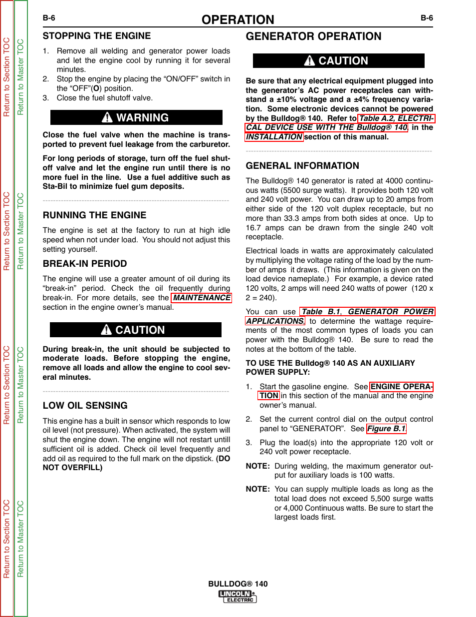 Generator opera- tion, Operation, Generator operation | Warning caution caution | Lincoln Electric BULLDOG SVM208-A User Manual | Page 22 / 101