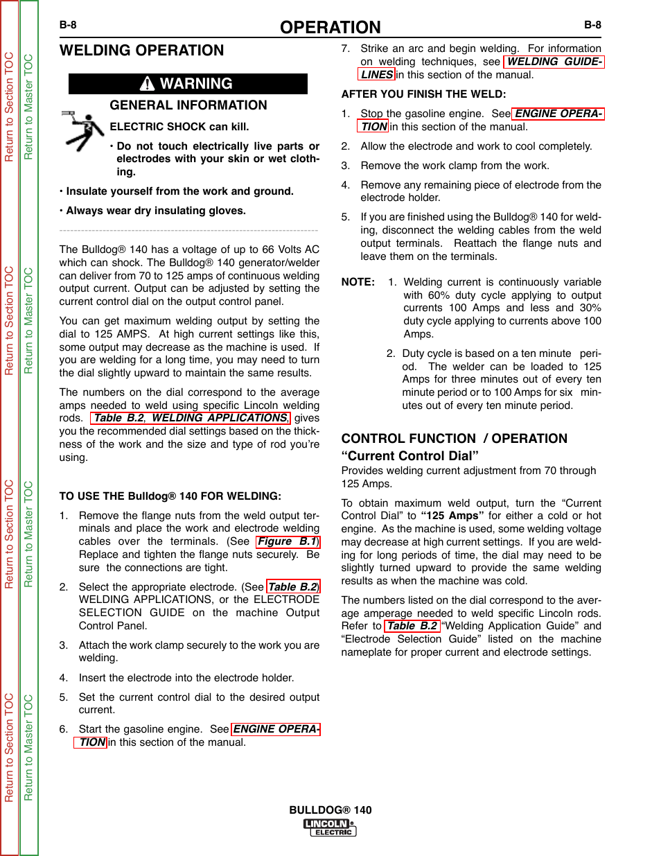 See weld- ing operation, Operation, Welding operation | Warning | Lincoln Electric BULLDOG SVM208-A User Manual | Page 24 / 101