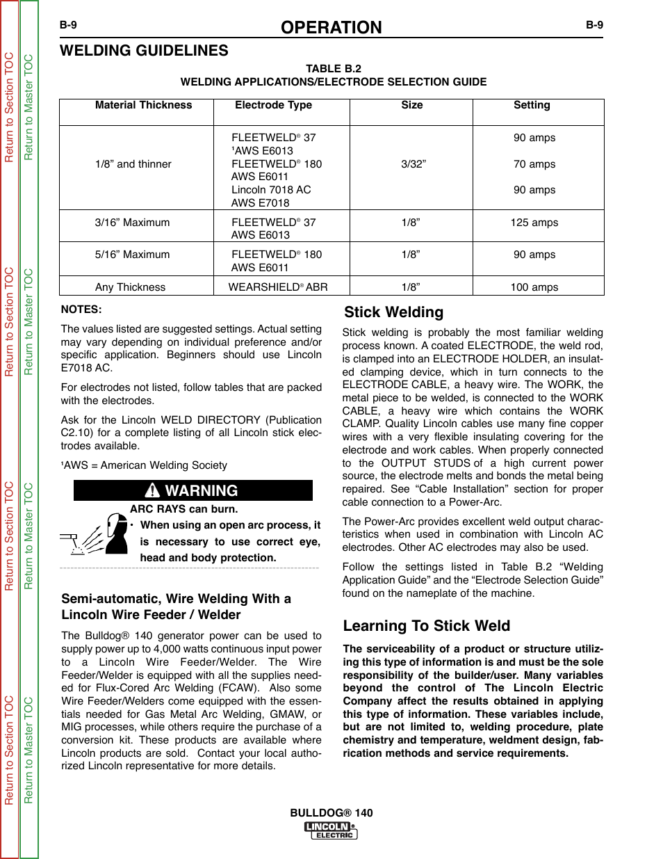 Table b.2 , welding applications, See table b.2 ), Welding guide- lines | To table b.2, Operation, Stick welding, Welding guidelines, Learning to stick weld, Warning | Lincoln Electric BULLDOG SVM208-A User Manual | Page 25 / 101