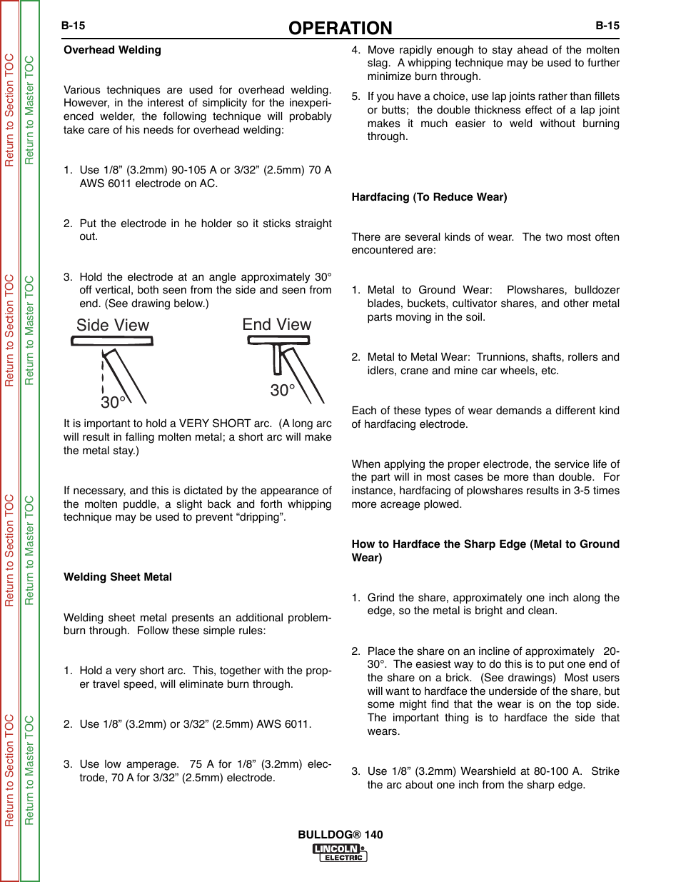 Operation, Side view end view 30° 30 | Lincoln Electric BULLDOG SVM208-A User Manual | Page 31 / 101