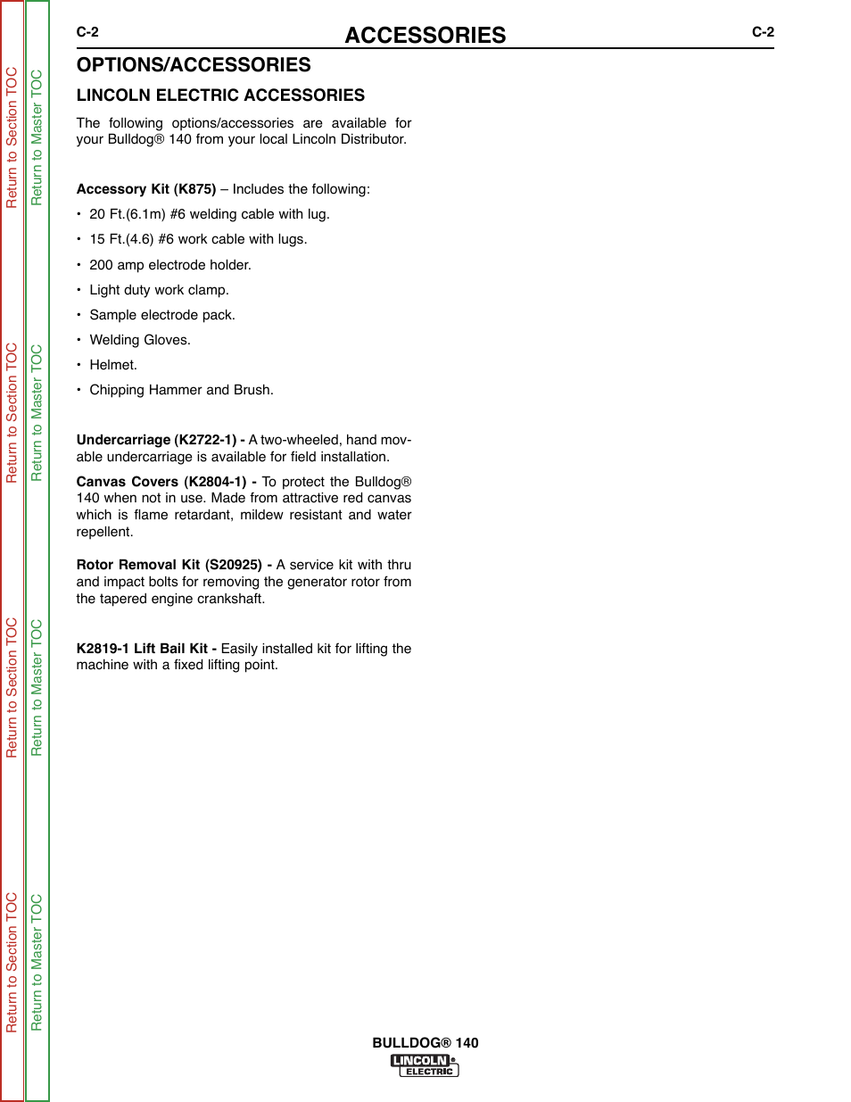 Accessories, Options/accessories | Lincoln Electric BULLDOG SVM208-A User Manual | Page 36 / 101