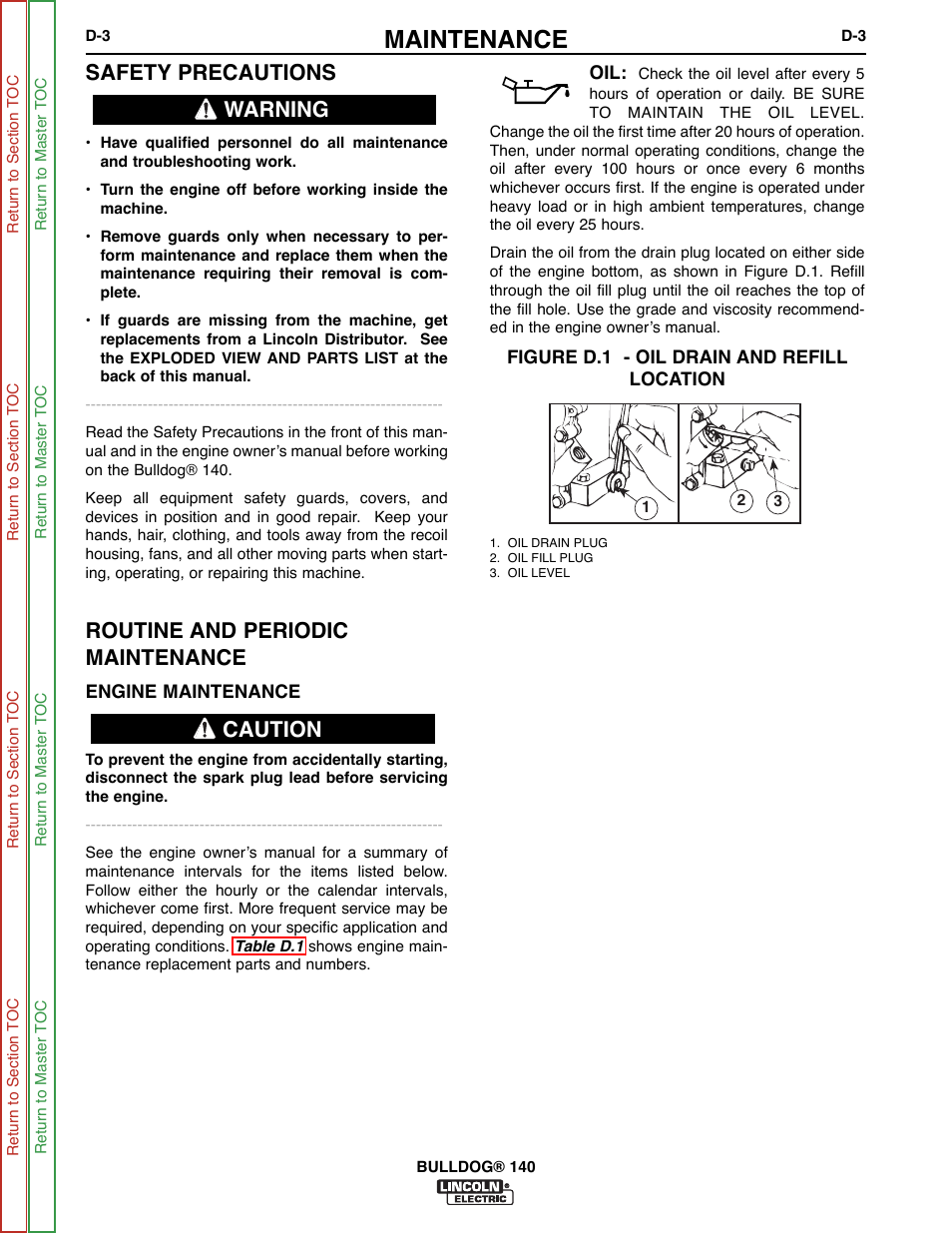 Engine maintenance, Maintenance, Safety precautions | Routine and periodic maintenance, Warning caution | Lincoln Electric BULLDOG SVM208-A User Manual | Page 39 / 101