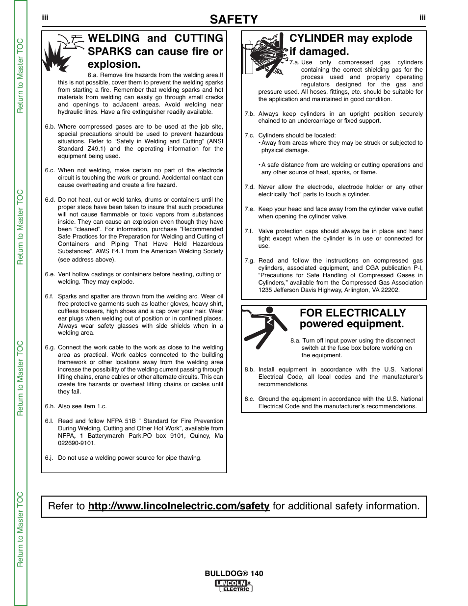 Safety, For electrically powered equipment, Cylinder may explode if damaged | Lincoln Electric BULLDOG SVM208-A User Manual | Page 4 / 101