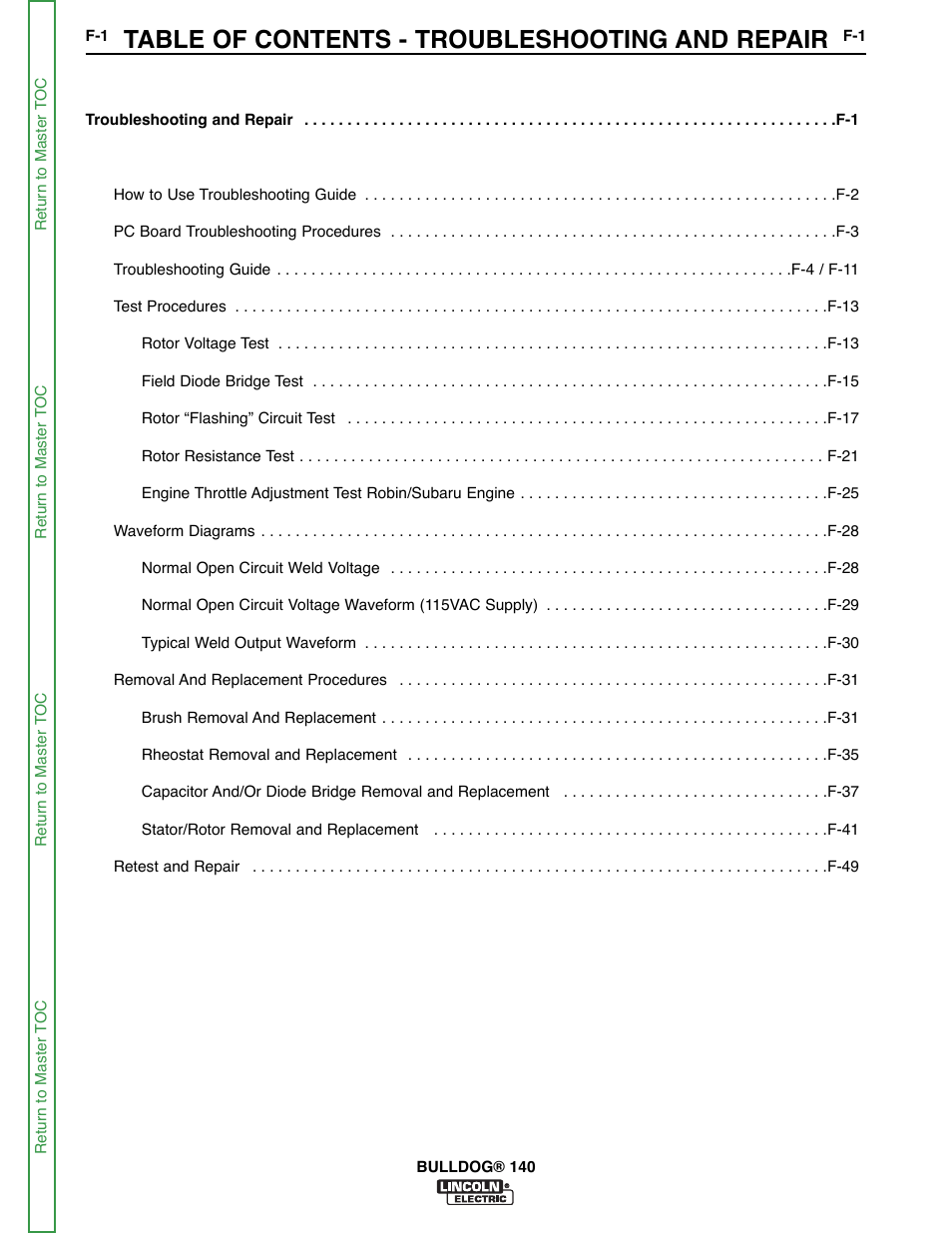 Section f - troubleshooting & repair, Trou, Bleshooting | Table of contents - troubleshooting and repair | Lincoln Electric BULLDOG SVM208-A User Manual | Page 49 / 101