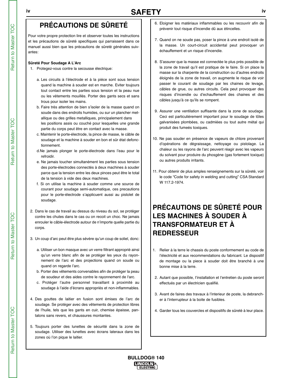 Safety, Précautions de sûreté | Lincoln Electric BULLDOG SVM208-A User Manual | Page 5 / 101