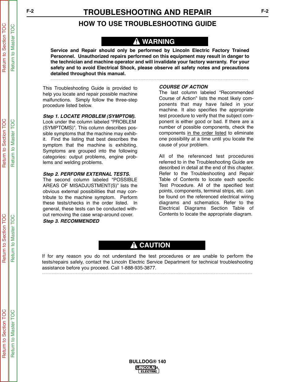 Troubleshooting and repair, How to use troubleshooting guide, Warning caution | Lincoln Electric BULLDOG SVM208-A User Manual | Page 50 / 101