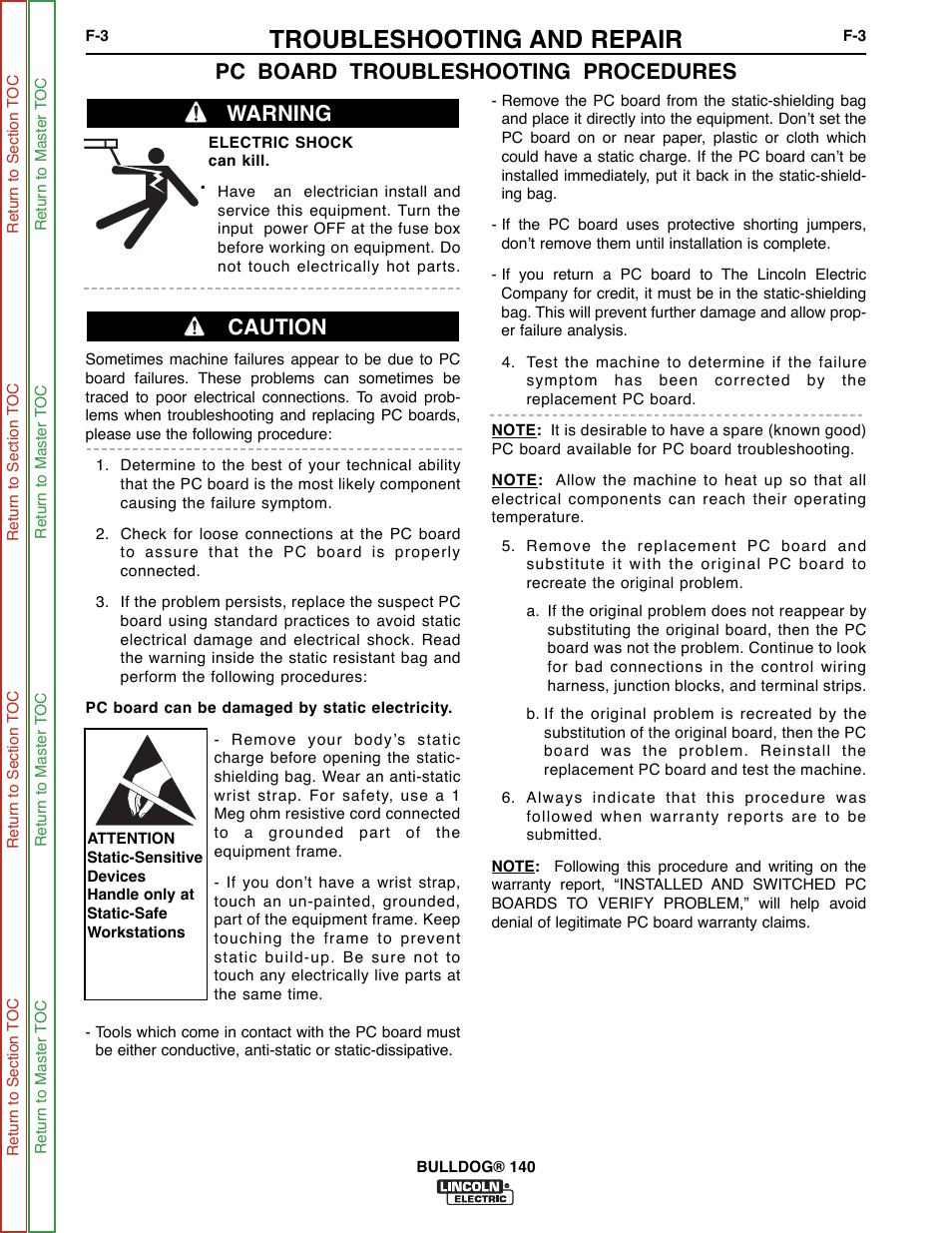 Troubleshooting and repair, Pc board troubleshooting procedures, Warning caution | Lincoln Electric BULLDOG SVM208-A User Manual | Page 51 / 101