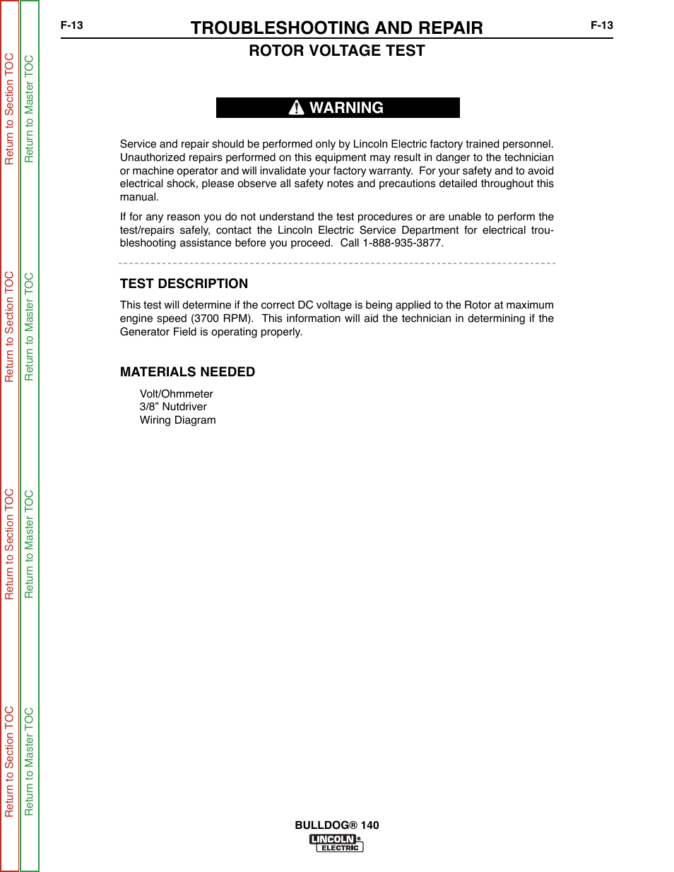 Rotor voltage, Test, Troubleshooting and repair | Rotor voltage test, Warning | Lincoln Electric BULLDOG SVM208-A User Manual | Page 61 / 101