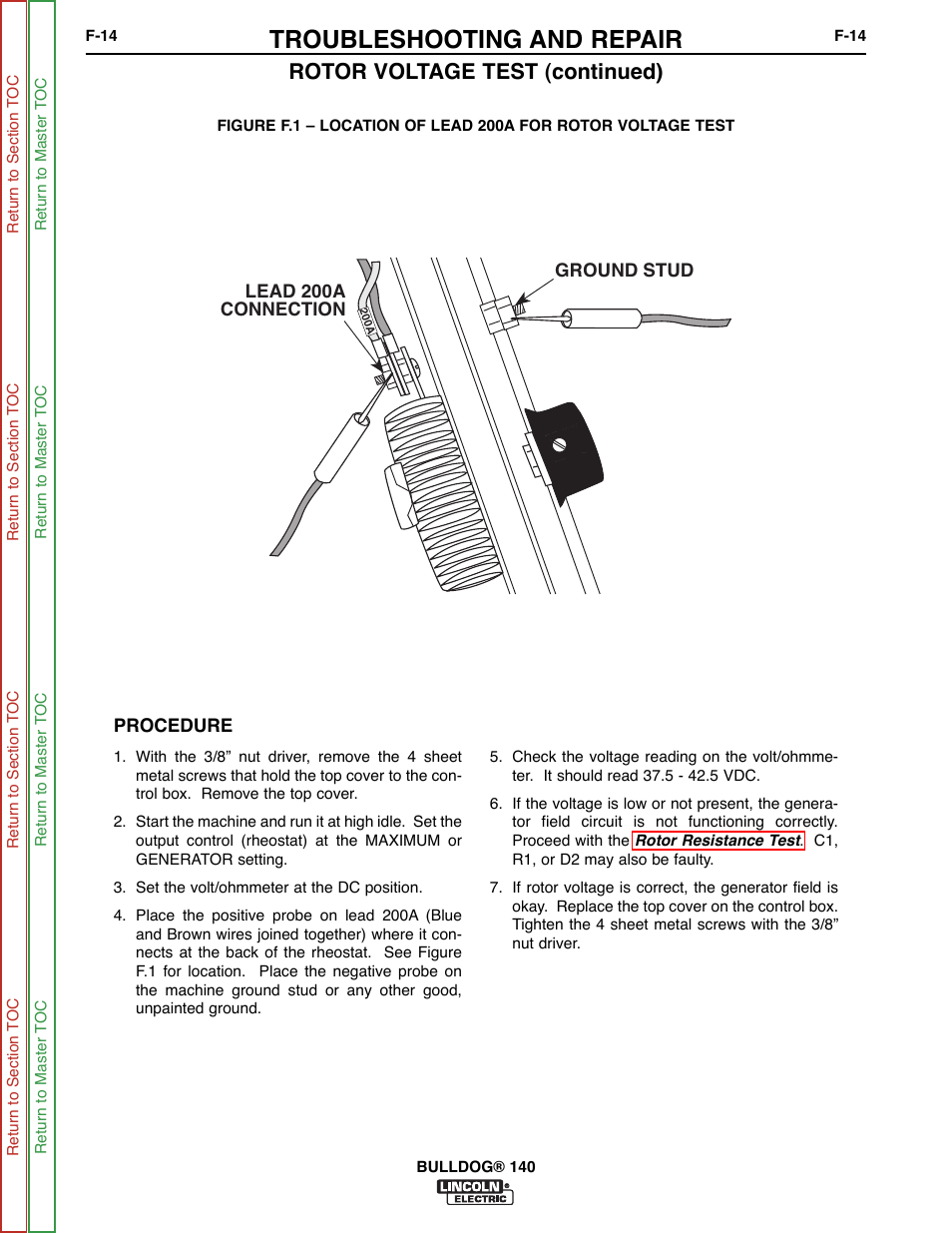 Troubleshooting and repair, Rotor voltage test (continued) | Lincoln Electric BULLDOG SVM208-A User Manual | Page 62 / 101