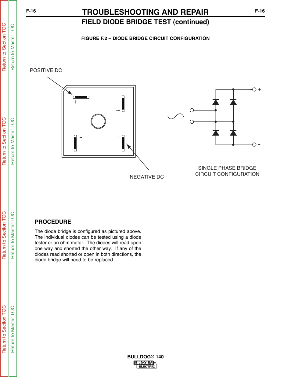 Troubleshooting and repair, Field diode bridge test (continued) | Lincoln Electric BULLDOG SVM208-A User Manual | Page 64 / 101