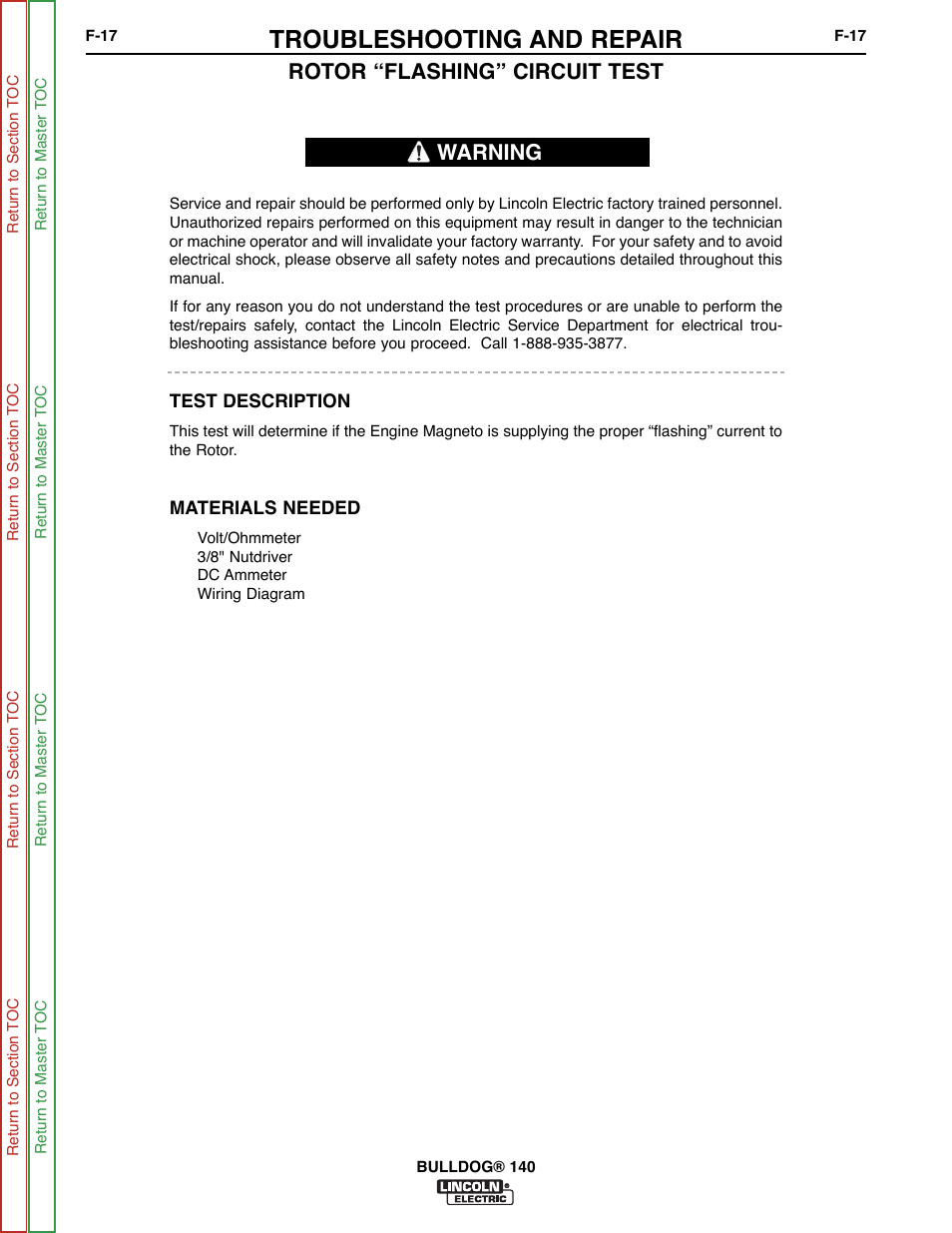 Perform flashing circuit test, Troubleshooting and repair, Rotor “flashing” circuit test | Warning | Lincoln Electric BULLDOG SVM208-A User Manual | Page 65 / 101