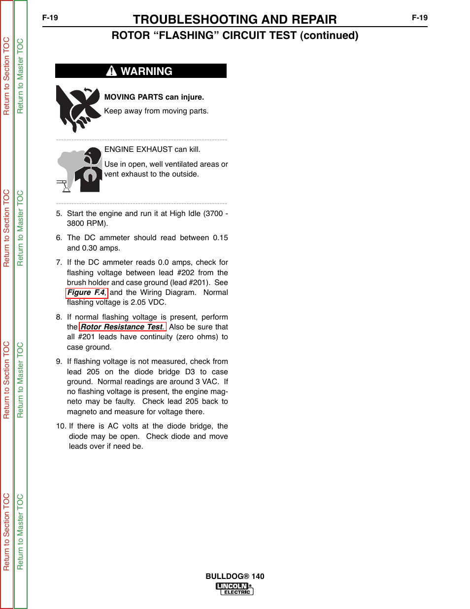 Troubleshooting and repair, Rotor “flashing” circuit test (continued), Warning | Lincoln Electric BULLDOG SVM208-A User Manual | Page 67 / 101