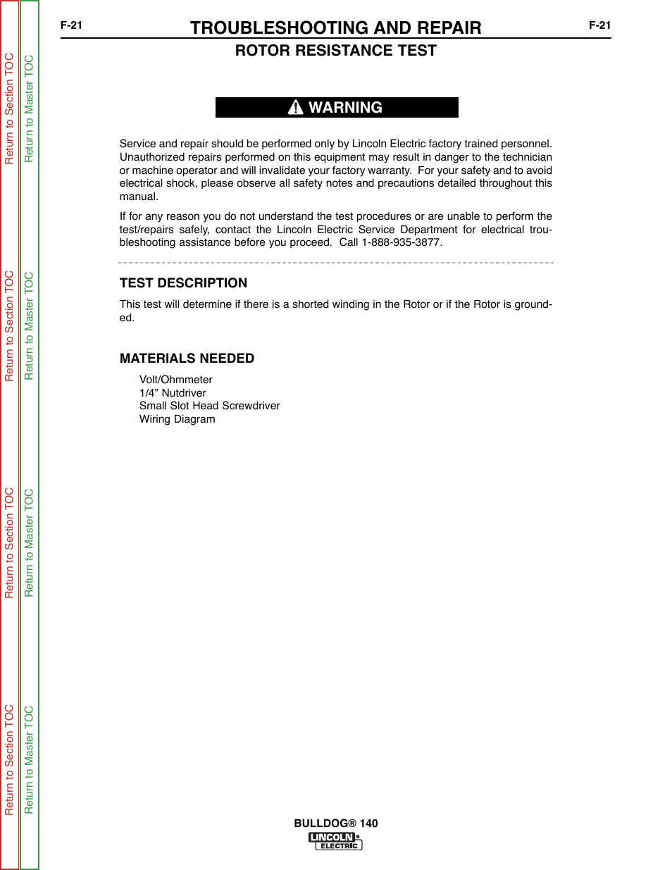 Rotor resistance test, The rotor resistance test, Troubleshooting and repair | Warning | Lincoln Electric BULLDOG SVM208-A User Manual | Page 69 / 101