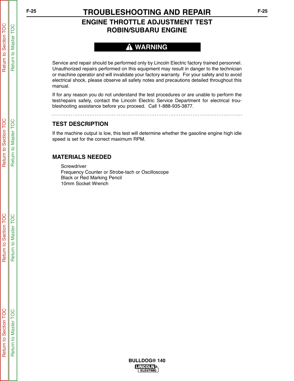 Engine throttle adjust ment test, Engine throttle adjustment test, Troubleshooting and repair | Warning | Lincoln Electric BULLDOG SVM208-A User Manual | Page 73 / 101