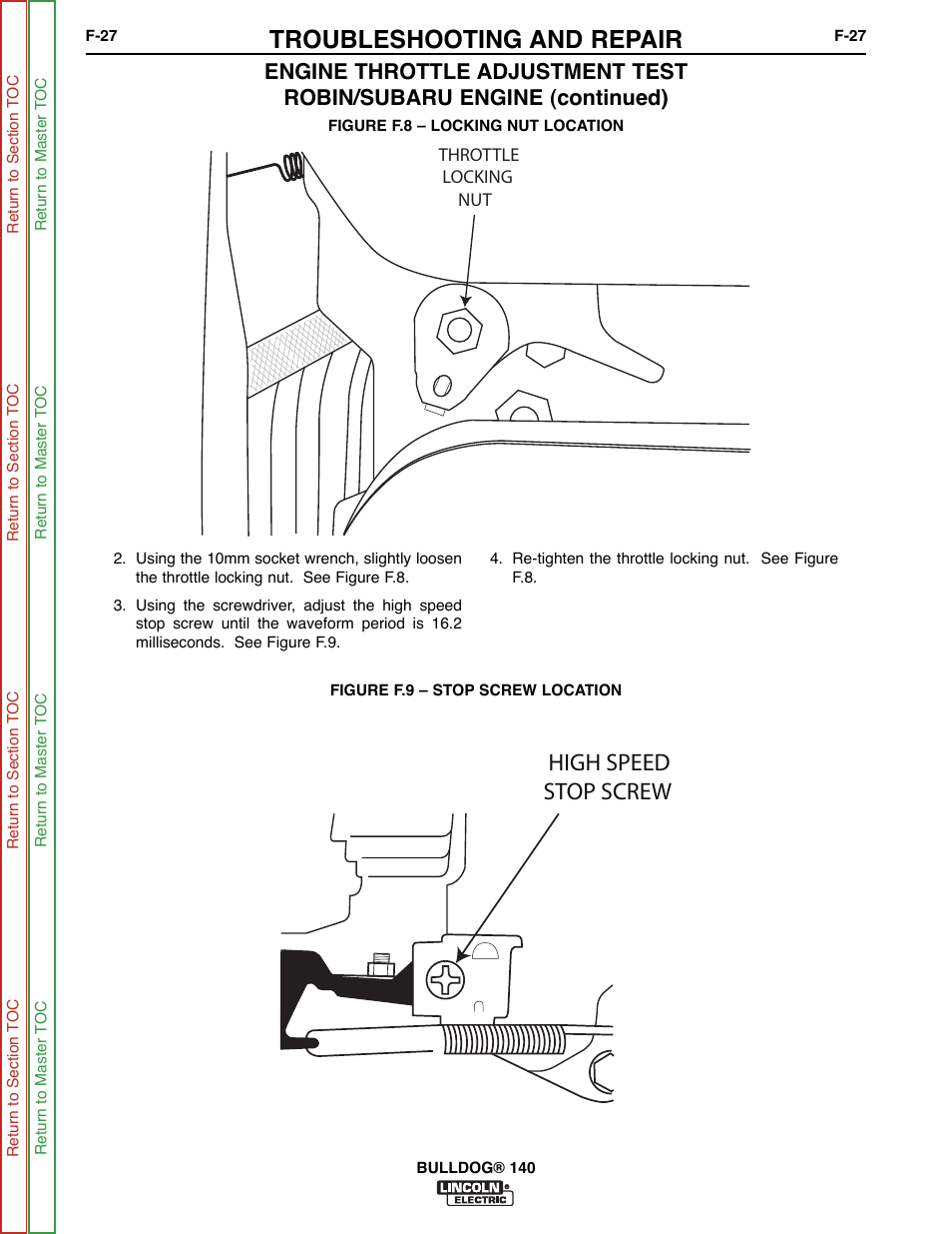 See figure f.8, Figure f.9, See figure | Rpm. see figure f.9, High speed stop screw, Troubleshooting and repair | Lincoln Electric BULLDOG SVM208-A User Manual | Page 75 / 101