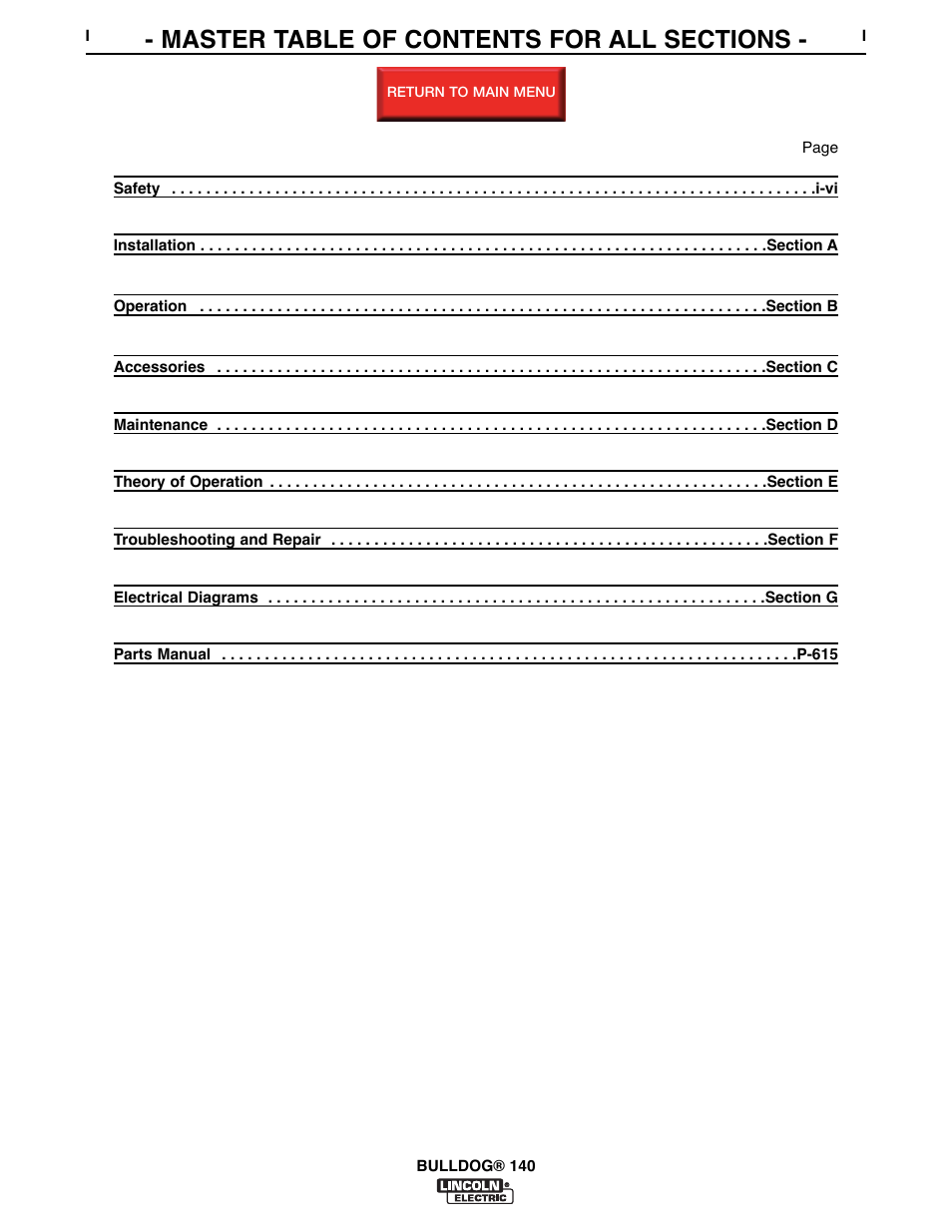 Master table of contents, Return, Master | Lincoln Electric BULLDOG SVM208-A User Manual | Page 8 / 101