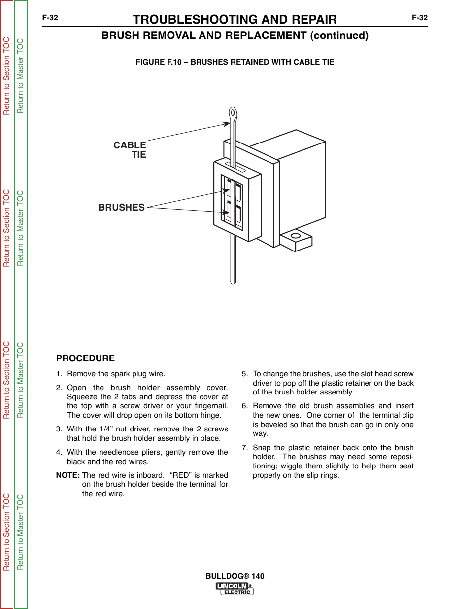 Troubleshooting and repair, Brush removal and replacement (continued), Cable tie brushes | Lincoln Electric BULLDOG SVM208-A User Manual | Page 80 / 101